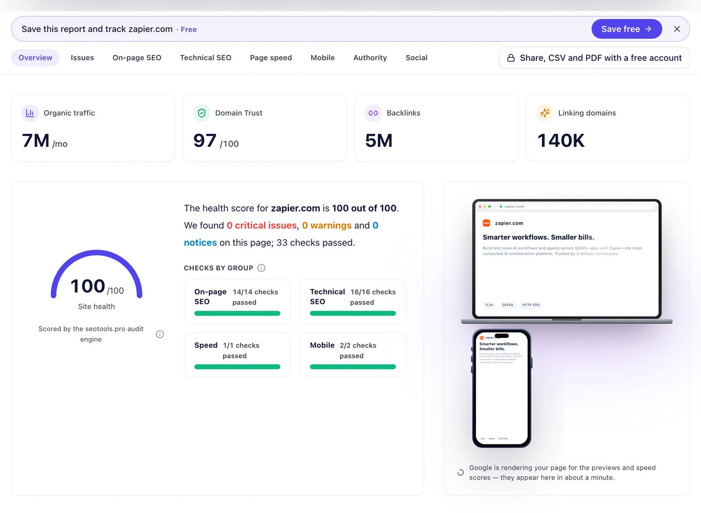 Бесплатный аудит сайта zapier.com в seotools.pro: органический трафик 7 млн посещений в месяц, Domain Trust 97 из 100, 5 млн обратных ссылок, 140 тыс. ссылающихся доменов и оценка состояния сайта 100 из 100. Проверки страниц, технической части, скорости и мобильной версии пройдены.