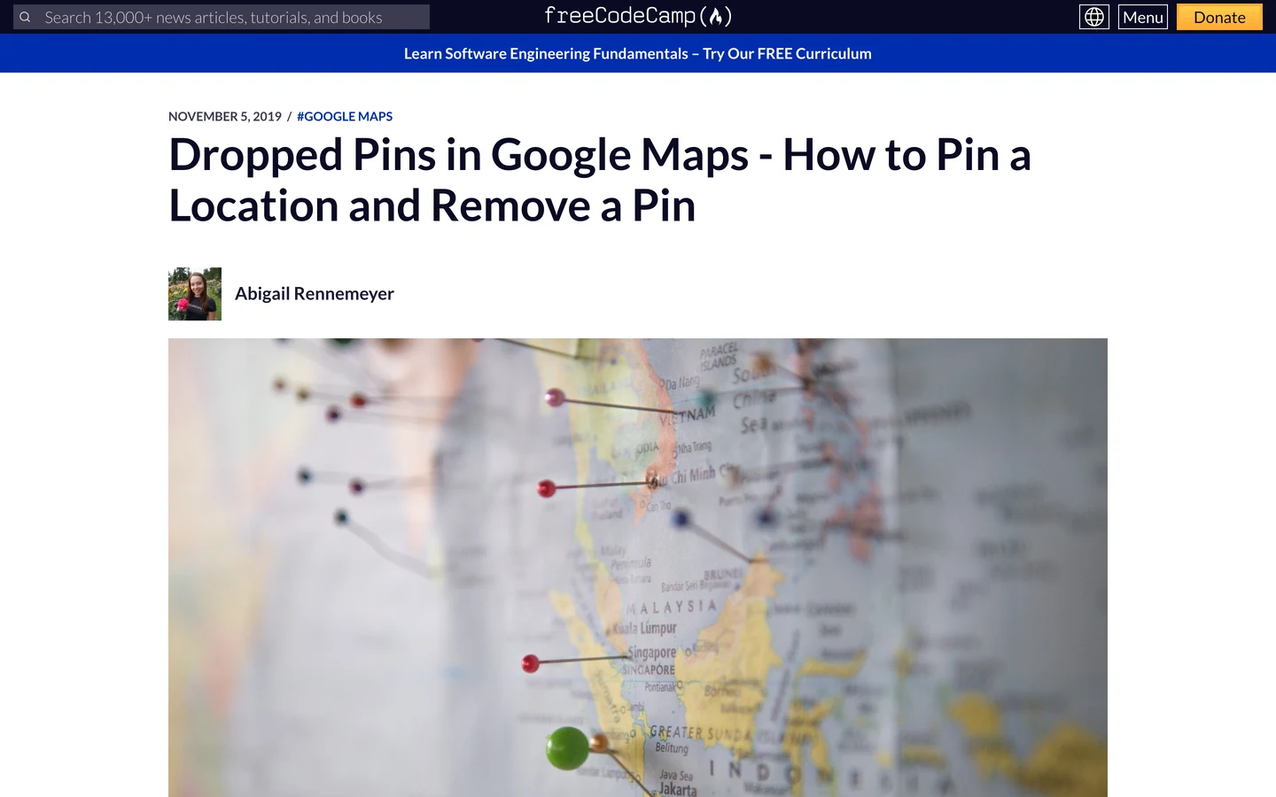 freeCodeCamp news article Dropped Pins in Google Maps - How to Pin a Location and Remove a Pin, dated November 5, 2019, tagged Google Maps, by Abigail Rennemeyer, with a photo of map pins.
