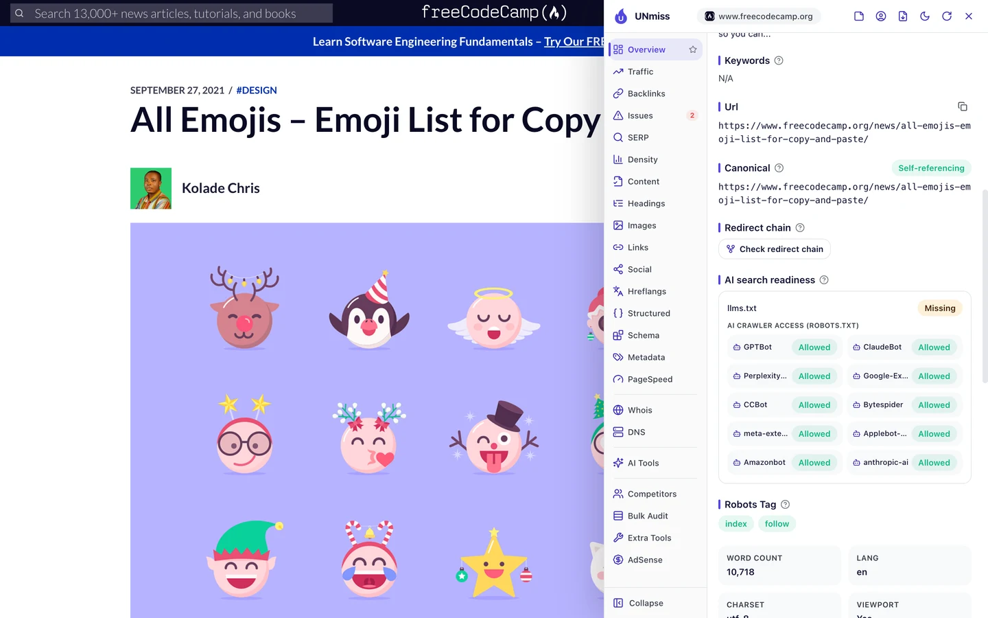 The seotools.pro browser extension on freeCodeCamp's emoji list showing AI search readiness: llms.txt missing, and AI crawler access from robots.txt with GPTBot, ClaudeBot, PerplexityBot, Google-Extended, CCBot, Bytespider, meta-externalagent, Applebot-Extended, Amazonbot and anthropic-ai all allowed.