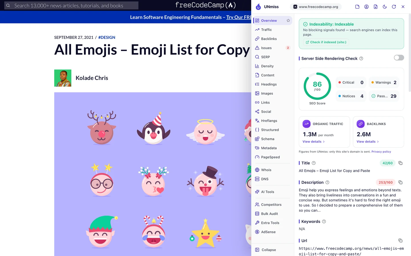 The seotools.pro browser extension on freeCodeCamp's All Emojis - Emoji List for Copy and Paste article: indexable, an SEO score of 86 out of 100 with 0 critical issues, 2 warnings, 4 notices and 29 passed checks, a title of 42 characters and a description of 253 characters that ends mid-sentence with so you can...