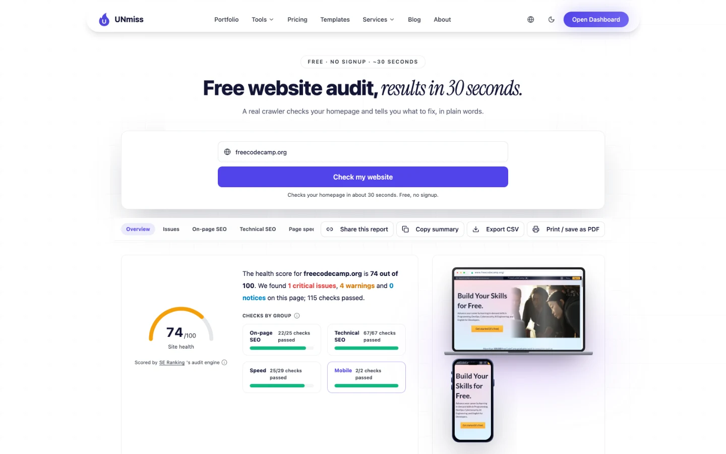 seotools.pro Website Audit для freecodecamp.org: здоровье сайта 74 из 100, 1 критическая проблема, 4 предупреждения, 0 замечаний и 115 пройденных проверок.