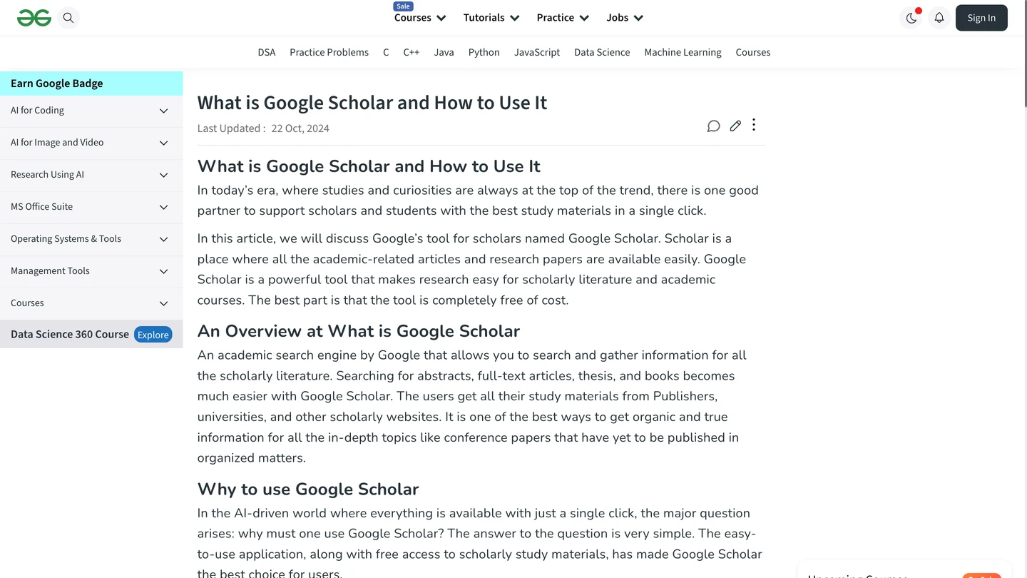 Статья GeeksforGeeks What is Google Scholar and How to Use It, последнее обновление 22 октября 2024 года, сбоку меню с разделами курсов и инструментов.