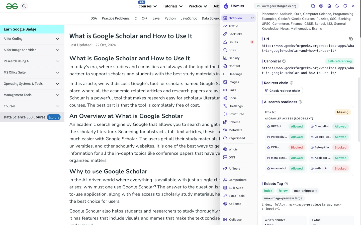 Браузерное расширение UNmiss на странице GeeksforGeeks о Google Scholar показывает готовность к ИИ-поиску: файла llms.txt нет, а robots.txt пускает GPTBot, ClaudeBot, PerplexityBot, Google-Extended, meta-externalagent, Applebot-Extended и Amazonbot и закрывает доступ CCBot, Bytespider и anthropic-ai.
