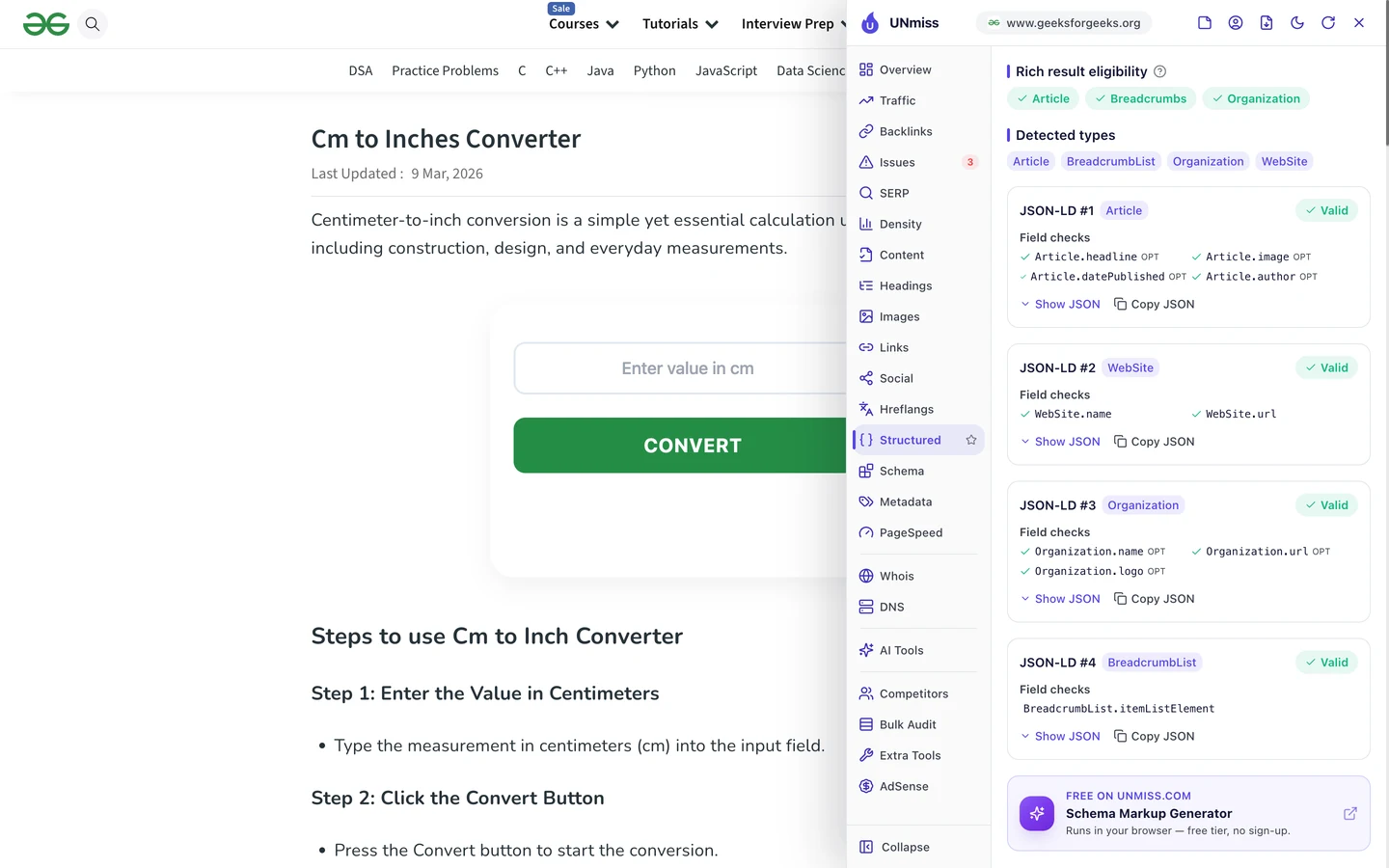 Вкладка Structured в браузерном расширении UNmiss на странице Cm to Inches Converter от GeeksforGeeks: доступны расширенные результаты Article, Breadcrumbs и Organization, блоки JSON-LD типов Article, WebSite, Organization и BreadcrumbList без ошибок.