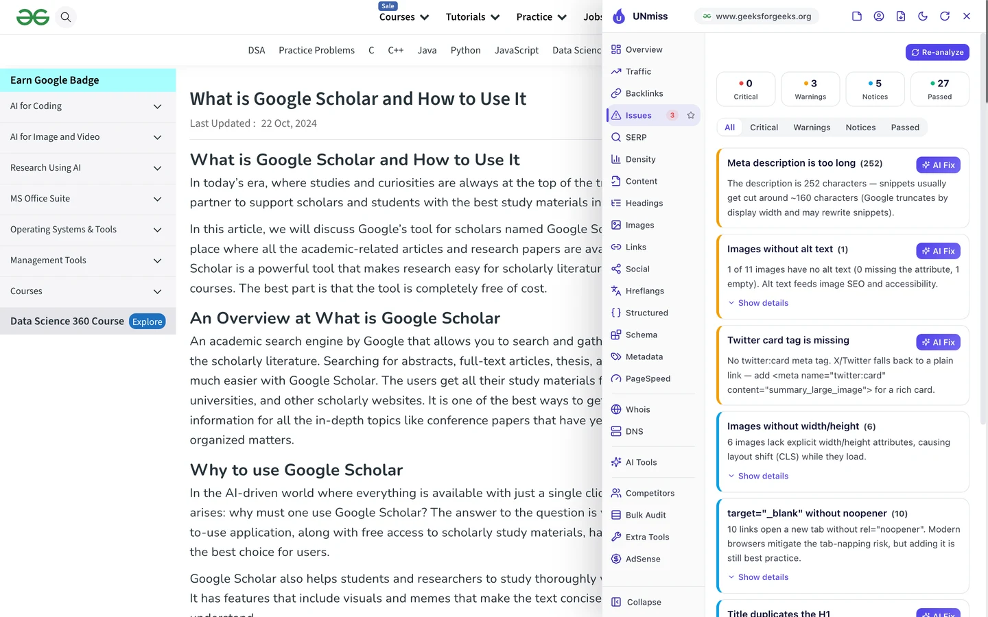 Вкладка Issues браузерного расширения UNmiss на странице GeeksforGeeks о Google Scholar: метаописание слишком длинное (252 символа), у 1 из 11 изображений нет alt-текста, нет тега Twitter card, у 6 изображений не указаны ширина и высота, 10 ссылок открываются в новой вкладке без noopener, заголовок повторяет H1, и используется устаревший тег meta keywords.