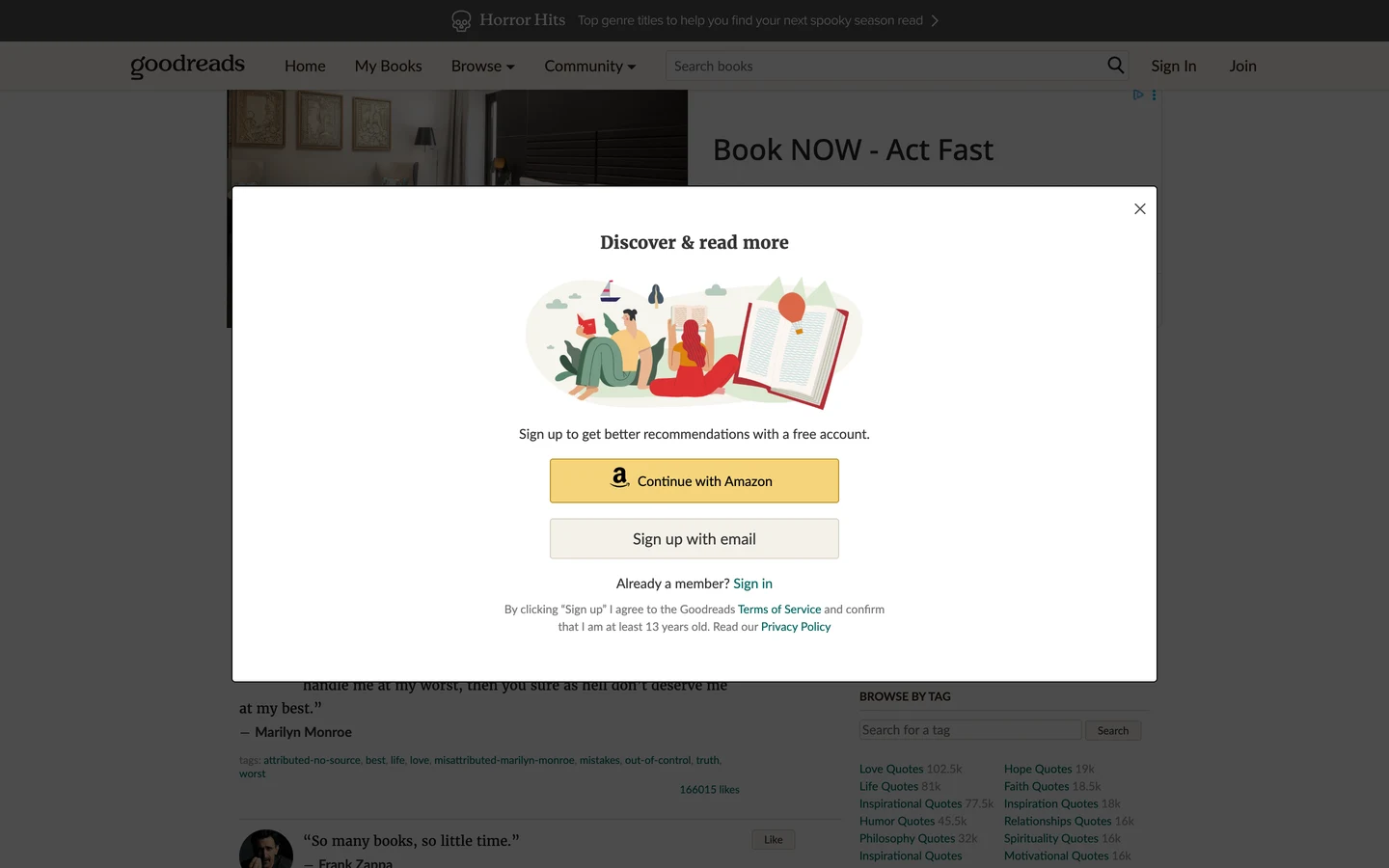 Goodreads quotes page with a Discover and read more sign-up box over it, offering Continue with Amazon and Sign up with email, and behind it a Marilyn Monroe quote with tags and 166015 likes, a So many books, so little time quote by Frank Zappa, and a Browse by tag box listing Love Quotes 102.5k, Life Quotes 81k and Inspirational Quotes 77.5k.