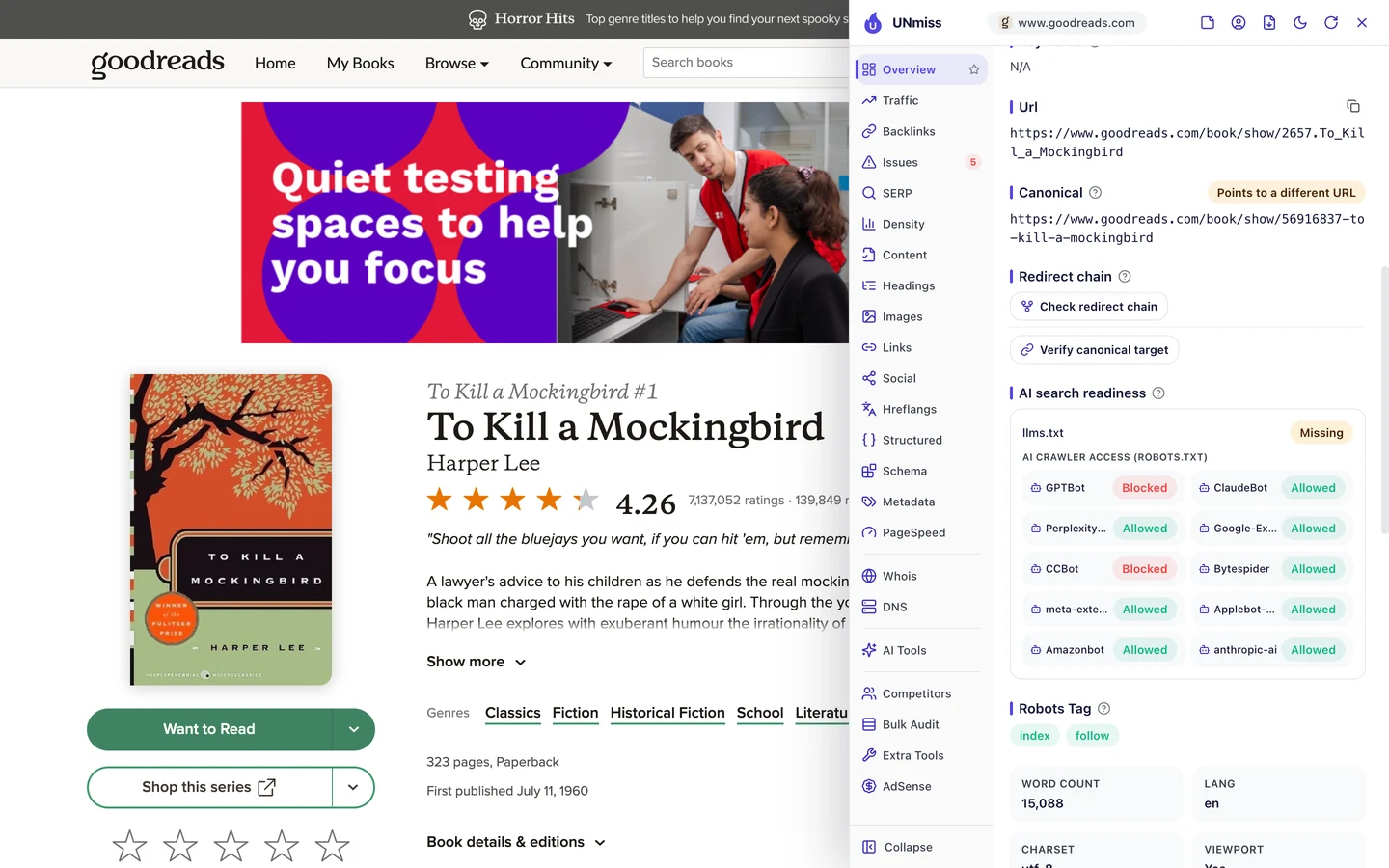 The seotools.pro browser extension on the Goodreads To Kill a Mockingbird page: a canonical marked points to a different URL, https://www.goodreads.com/book/show/56916837-to-kill-a-mockingbird, llms.txt missing, AI crawler access from robots.txt with GPTBot and CCBot blocked and ClaudeBot, PerplexityBot, Google-Extended, Bytespider, meta-externalagent, Applebot-Extended, Amazonbot and anthropic-ai allowed, a robots tag of index, follow, a word count of 15,088 and a language of en.