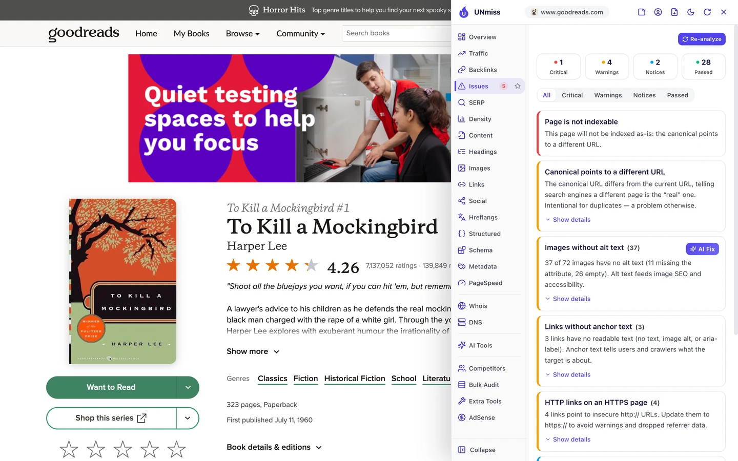 The seotools.pro browser extension Issues tab on the Goodreads To Kill a Mockingbird page: 1 critical, 4 warnings, 2 notices and 28 passed, led by page is not indexable because the canonical points to a different URL, then canonical points to a different URL, images without alt text (37 of 72 images), links without anchor text (3) and HTTP links on an HTTPS page (4).