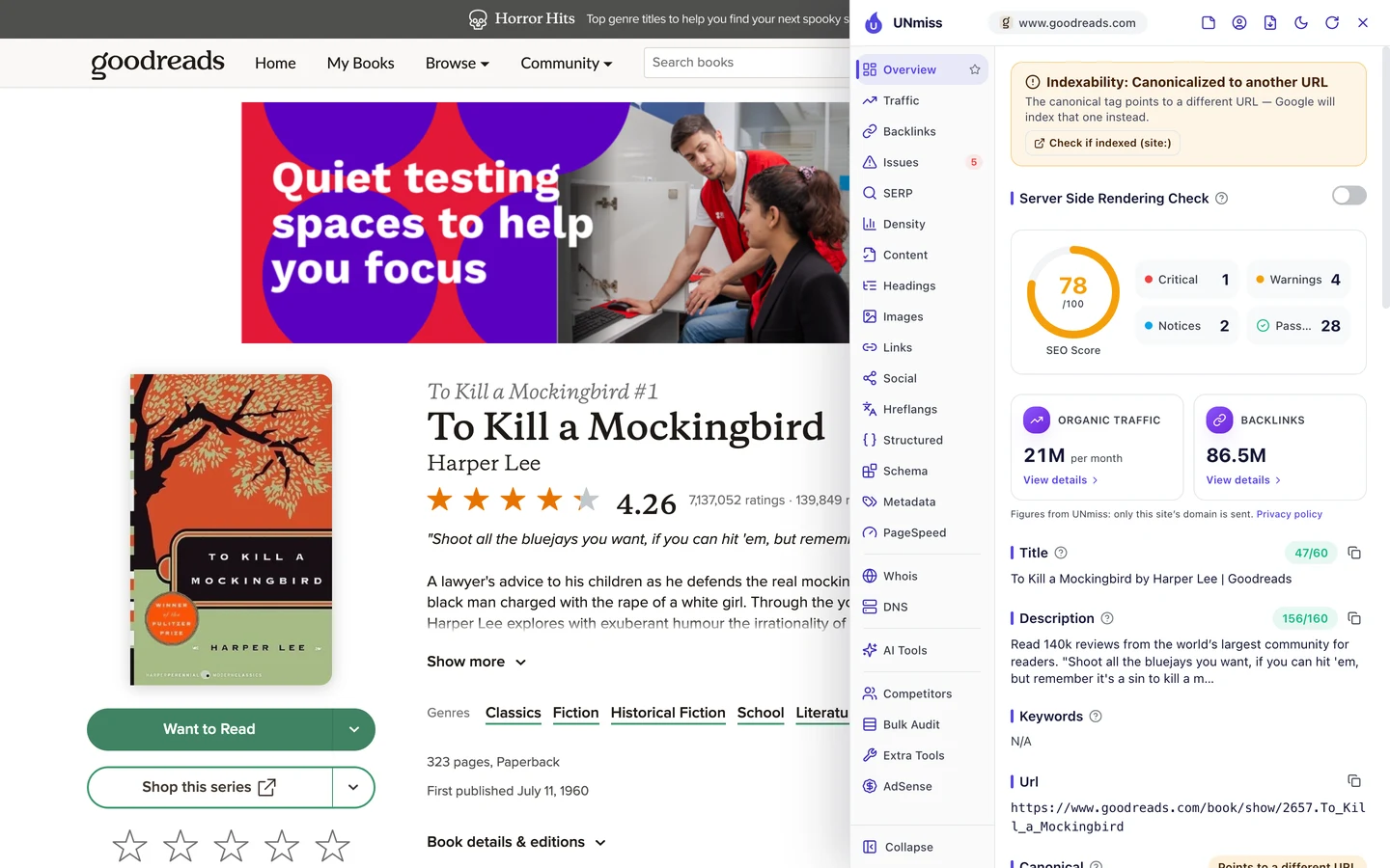 The seotools.pro browser extension on the Goodreads To Kill a Mockingbird page: indexability canonicalized to another URL, an SEO score of 78 out of 100 with 1 critical issue, 4 warnings, 2 notices and 28 passed checks, 21M organic traffic per month, 86.5M backlinks, a title of 47 of 60 characters, To Kill a Mockingbird by Harper Lee | Goodreads, a description of 156 of 160 characters, no keywords and the URL https://www.goodreads.com/book/show/2657.To_Kill_a_Mockingbird.