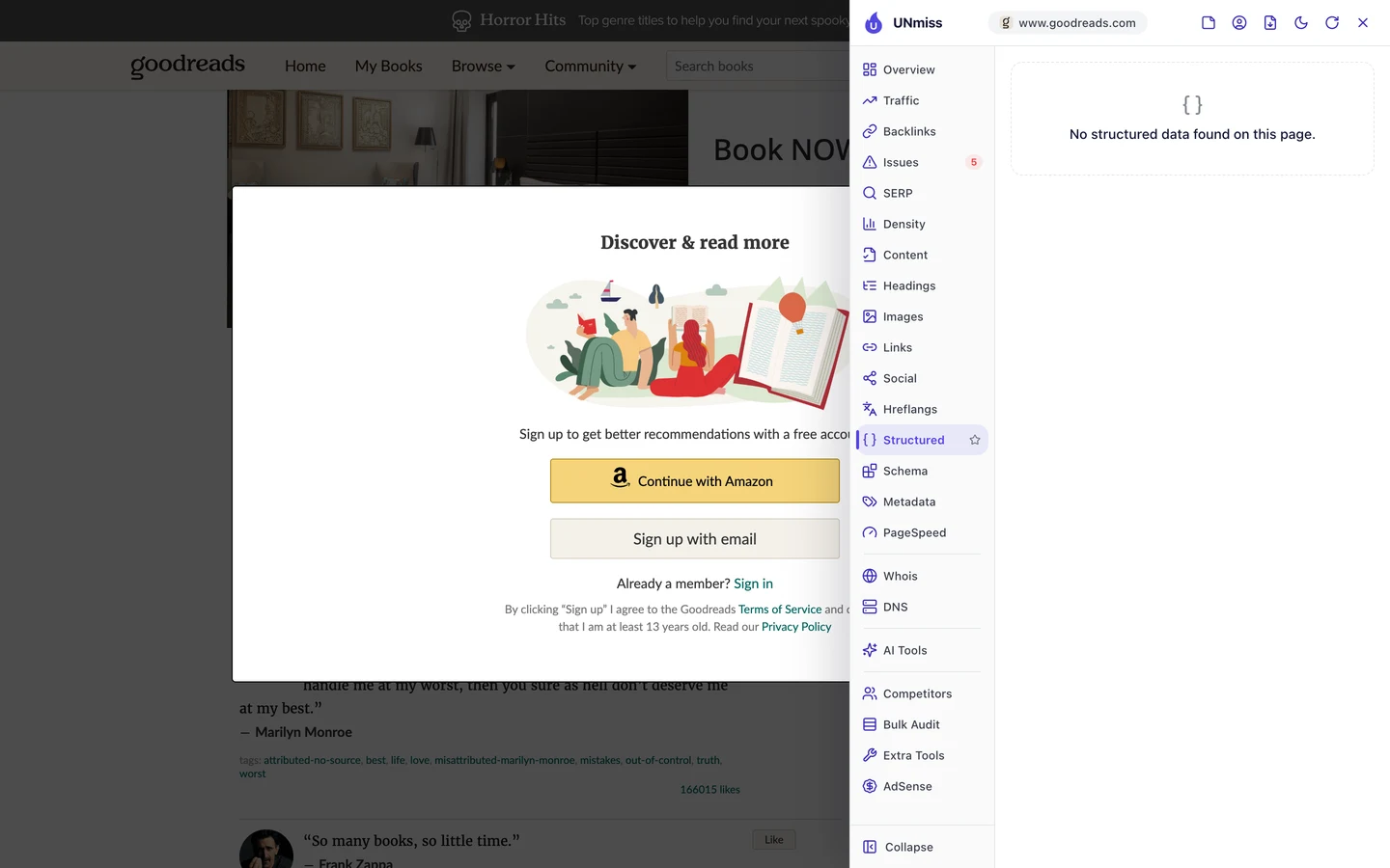 The seotools.pro browser extension Structured tab on the Goodreads quotes page: No structured data found on this page.