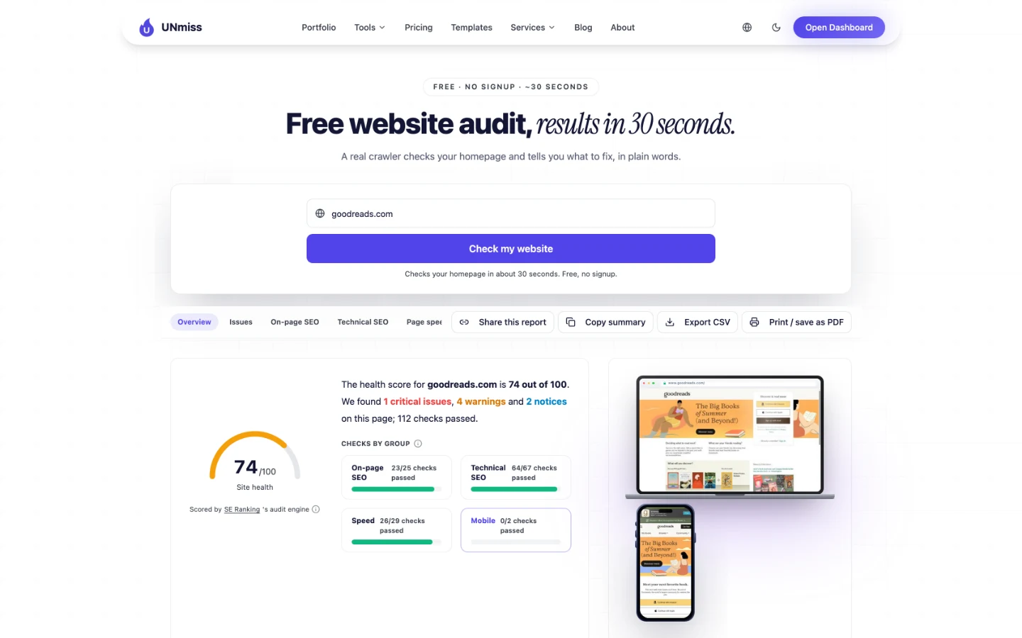 seotools.pro Website Audit для goodreads.com: 74 зі 100 балів здоров’я сайту, 1 критична проблема, 4 попередження, 2 зауваження і 112 пройдених перевірок.