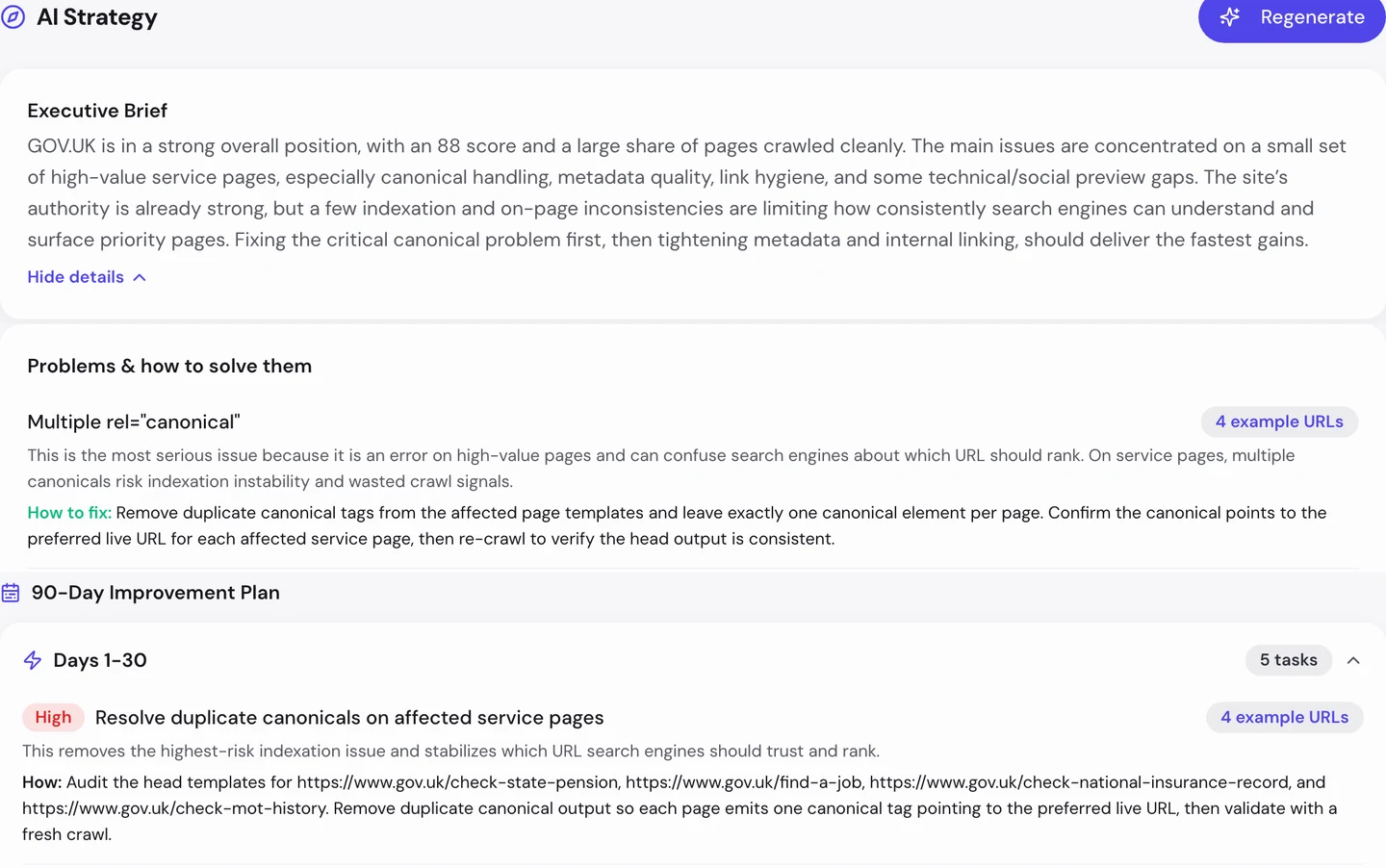 seotools.pro Website Audit AI tab for www.gov.uk: an executive brief on a strong position with an 88 score, with the main issues on a small set of high-value service pages in canonical handling, metadata quality, link hygiene and social preview gaps, a problem card for multiple rel=canonical with 4 example URLs and a fix to remove duplicate canonical tags from the affected page templates, and a 90-day improvement plan whose first 30 days, 5 tasks, start with resolving duplicate canonicals on the check-state-pension, find-a-job, check-national-insurance-record and check-mot-history pages.