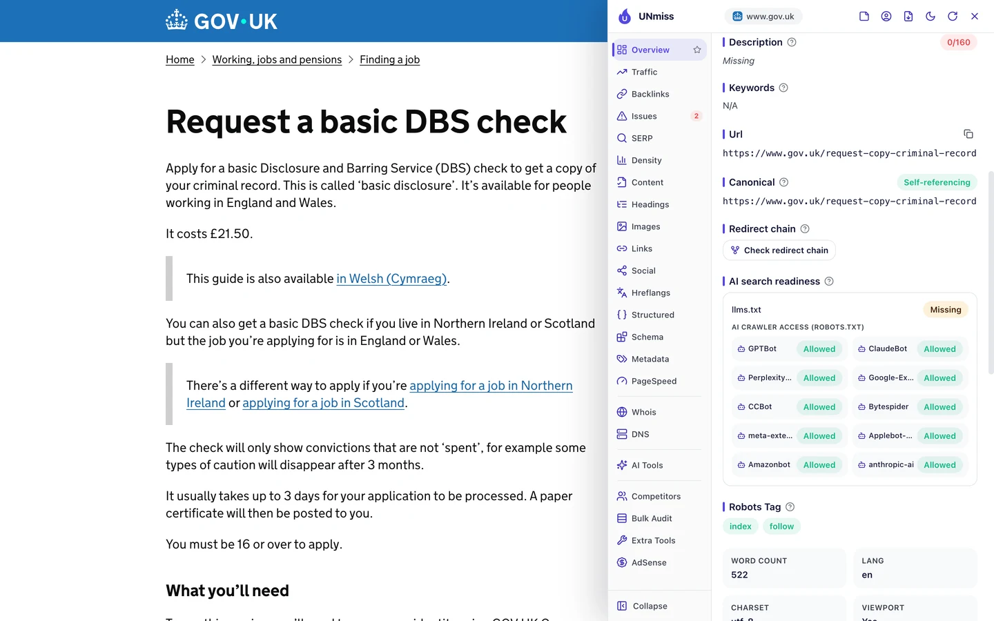 The seotools.pro browser extension on the GOV.UK DBS check page showing a missing description, a self-referencing canonical, AI search readiness with llms.txt missing, AI crawler access from robots.txt with GPTBot, ClaudeBot, PerplexityBot, Google-Extended, CCBot, Bytespider, meta-externalagent, Applebot-Extended, Amazonbot and anthropic-ai all allowed, a robots tag of index, follow and a word count of 522.