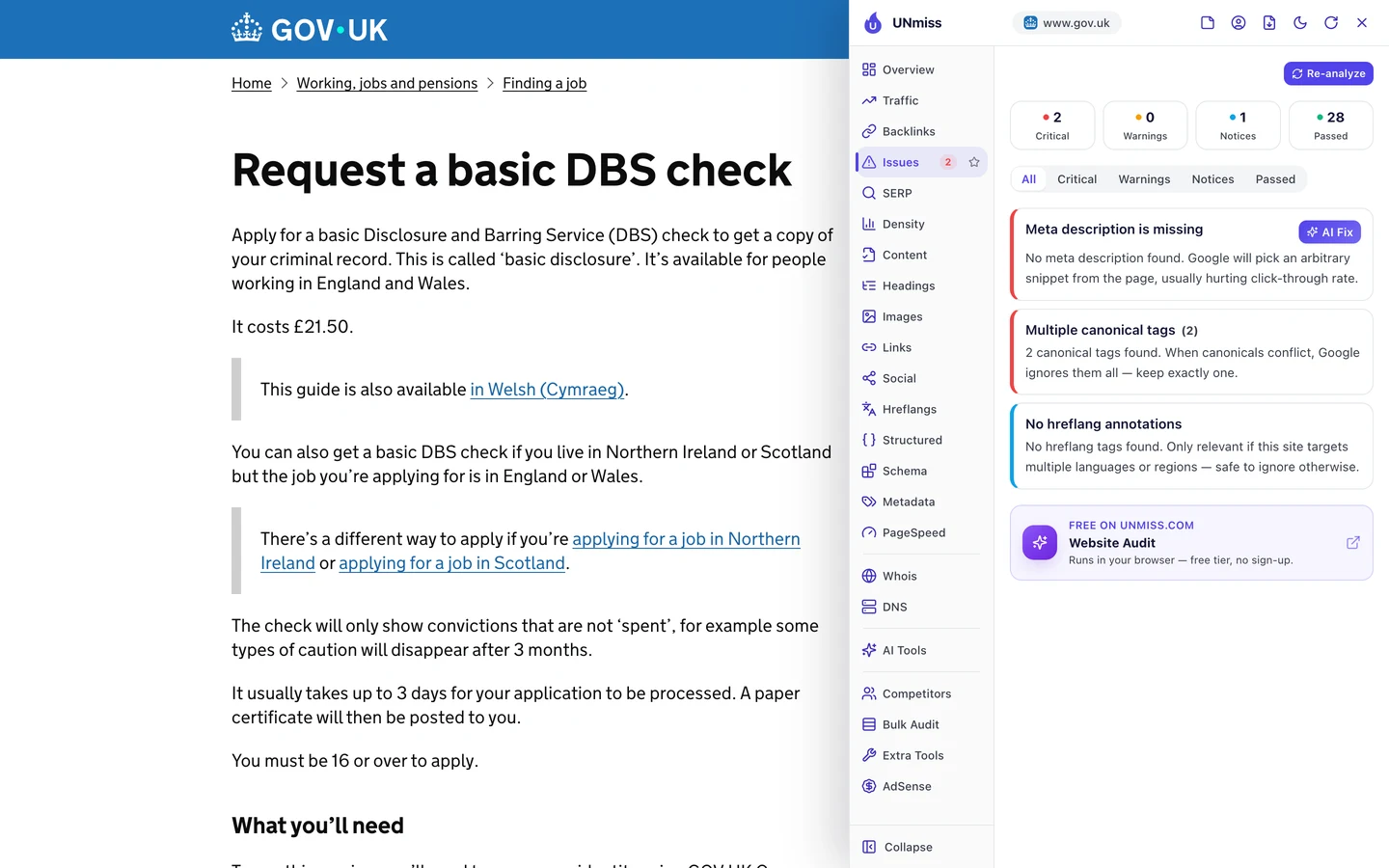 The seotools.pro browser extension Issues tab on the GOV.UK DBS check page: 2 critical, 0 warnings, 1 notice and 28 passed, with the critical issues Meta description is missing, explaining that Google will pick an arbitrary snippet from the page, and Multiple canonical tags (2), explaining that when canonicals conflict Google ignores them all, plus a notice of no hreflang annotations.