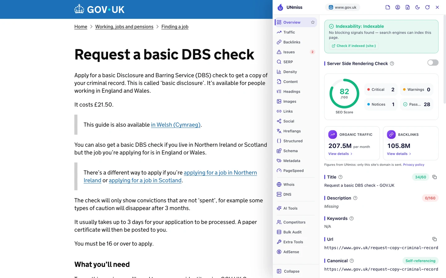 The seotools.pro browser extension on the GOV.UK Request a basic DBS check page: indexable, an SEO score of 82 out of 100 with 2 critical issues, 0 warnings, 1 notice and 28 passed checks, organic traffic of 207.5M a month, 105.8M backlinks, a title of 34 out of 60 characters, Request a basic DBS check - GOV.UK, a description of 0 out of 160 characters marked missing, and a self-referencing canonical for www.gov.uk/request-copy-criminal-record.