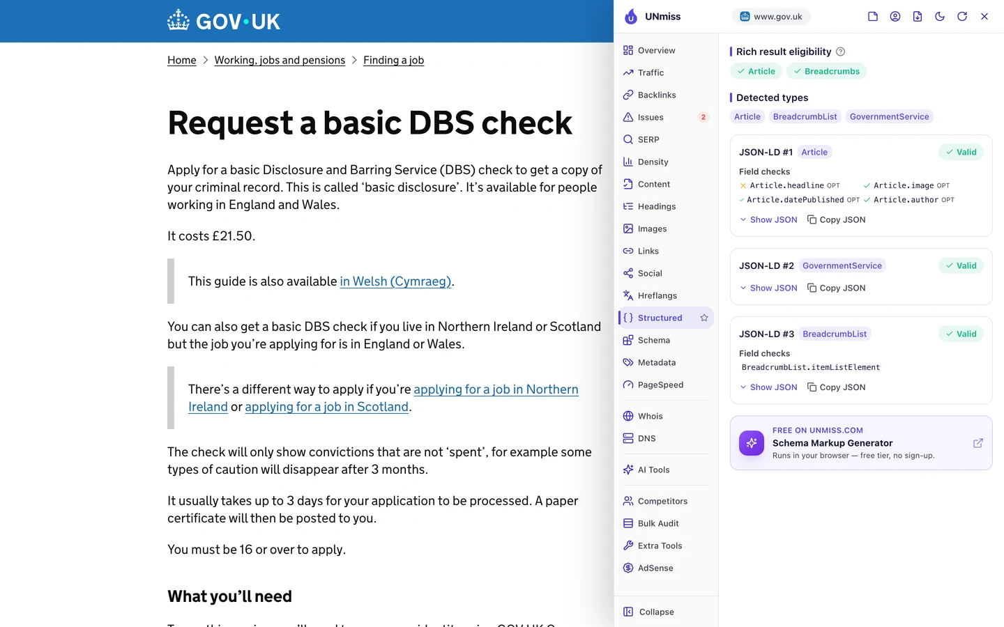 The seotools.pro browser extension Structured tab on the GOV.UK DBS check page: rich result eligibility for Article and Breadcrumbs, detected types Article, BreadcrumbList and GovernmentService, and 3 JSON-LD blocks, Article, GovernmentService and BreadcrumbList, all valid.