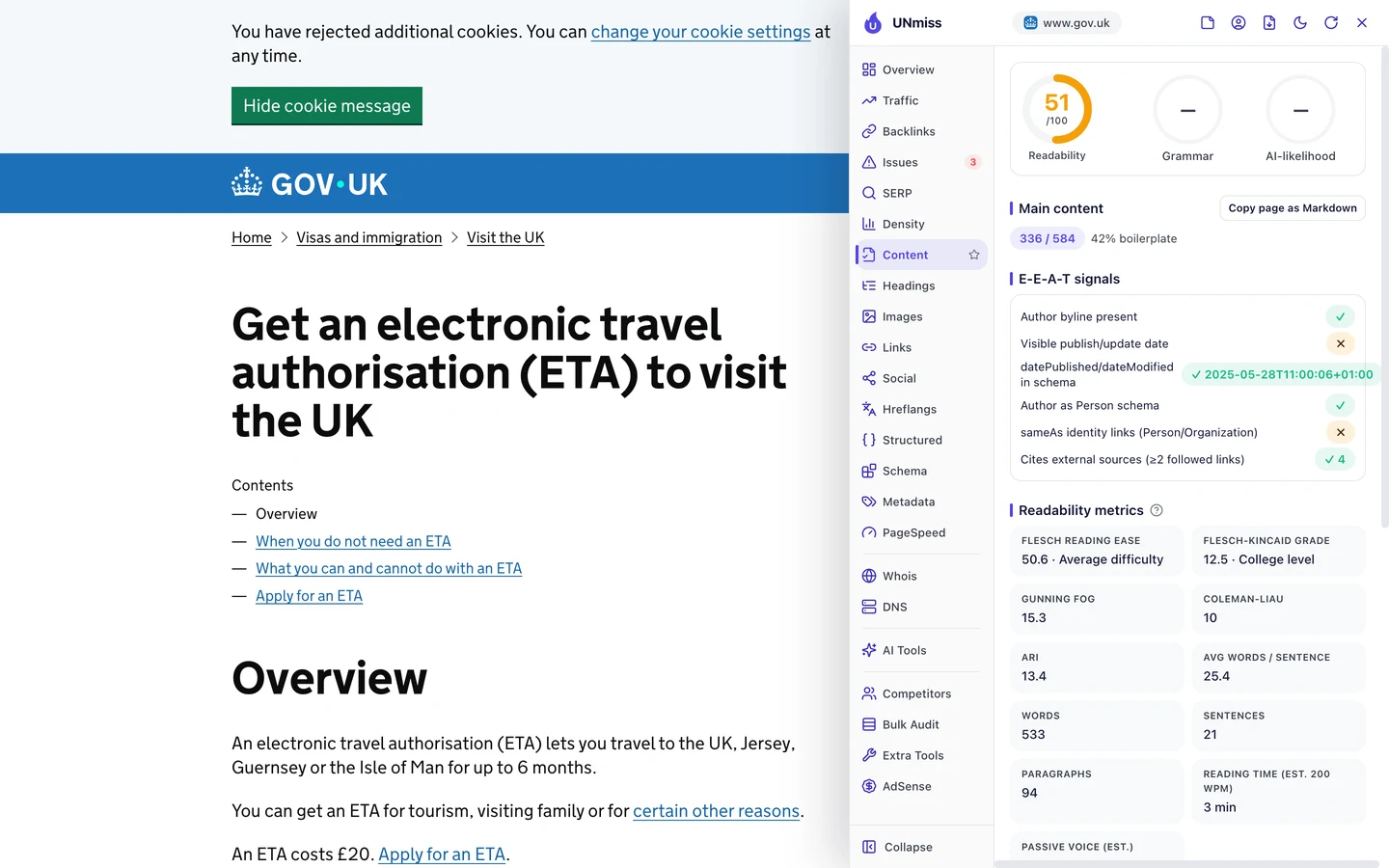 The seotools.pro browser extension Content tab on the GOV.UK ETA page: readability 51 out of 100, main content of 336 of 584 words with 42 percent boilerplate, E-E-A-T signals with an author byline present, no visible publish or update date, a datePublished of 28 May 2025 in schema, author as Person schema present, no sameAs identity links and 4 followed external sources, and readability metrics with a Flesch Reading Ease of 50.6, a Flesch-Kincaid grade of 12.5, a Gunning Fog of 15.3, 533 words in 21 sentences and 25.4 words per sentence on average.