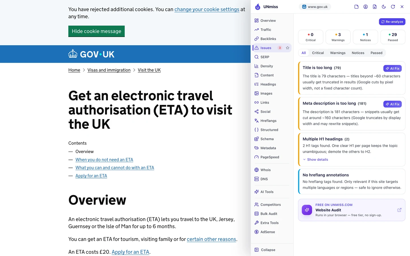 The seotools.pro browser extension Issues tab on the GOV.UK ETA page: 0 critical, 3 warnings, 1 notice and 29 passed, with the warnings Title is too long (79), Meta description is too long (181) and Multiple H1 headings (2), plus a notice of no hreflang annotations.