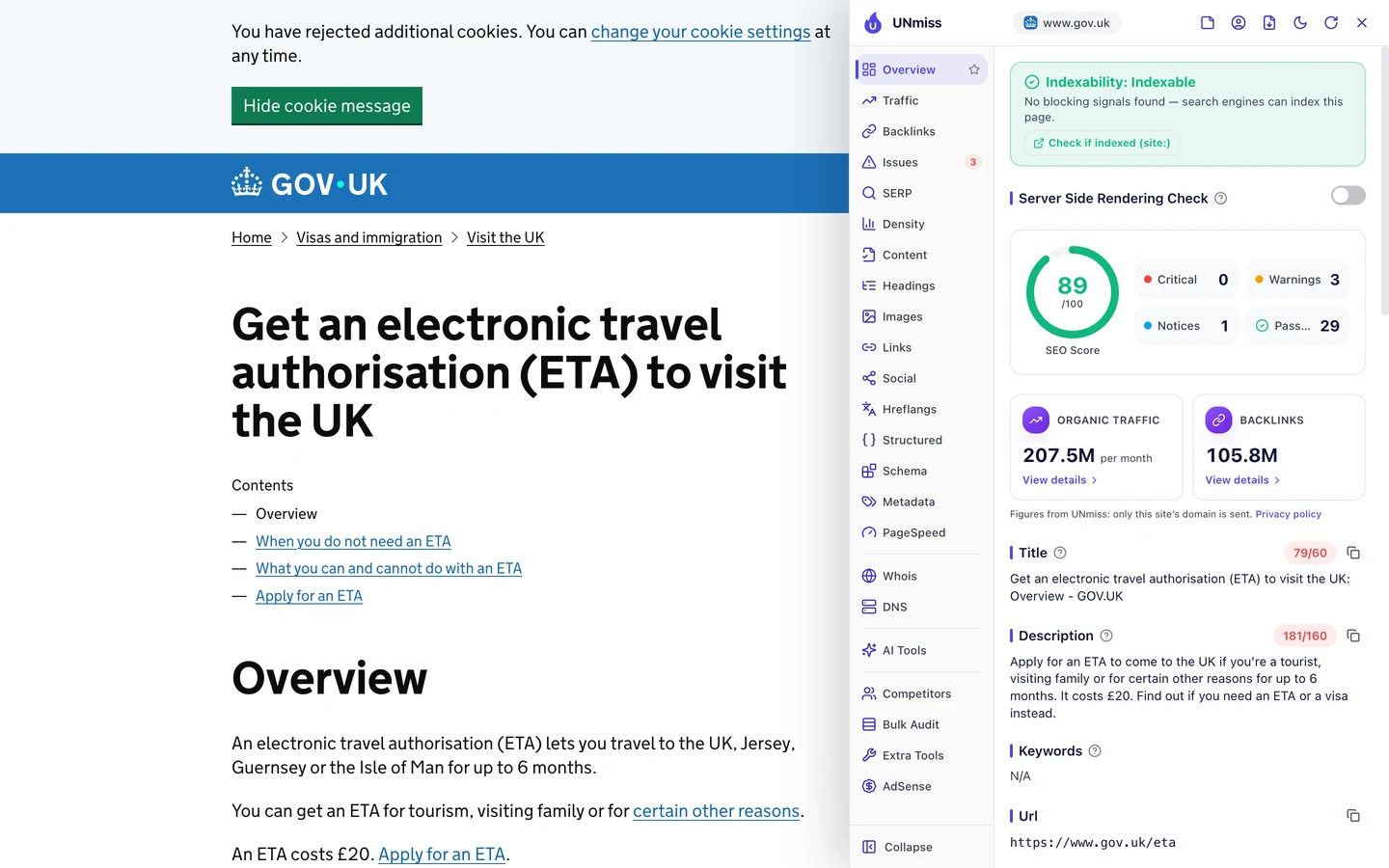 The seotools.pro browser extension on the GOV.UK ETA page: indexable, an SEO score of 89 out of 100 with 0 critical issues, 3 warnings, 1 notice and 29 passed checks, organic traffic of 207.5M a month, 105.8M backlinks, a title of 79 out of 60 characters, Get an electronic travel authorisation (ETA) to visit the UK: Overview - GOV.UK, and a description of 181 out of 160 characters.