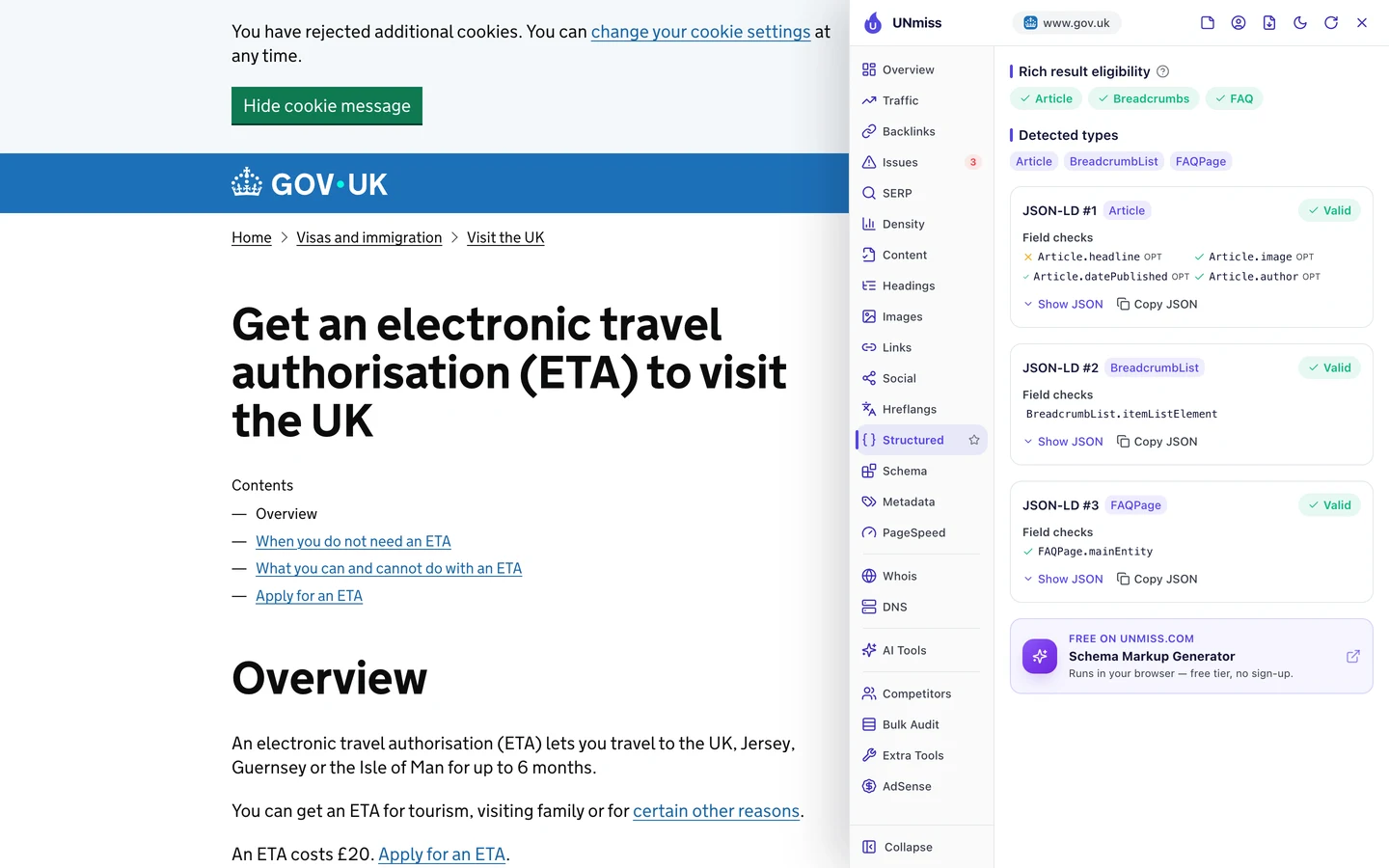 The seotools.pro browser extension Structured tab on the GOV.UK ETA page: rich result eligibility for Article, Breadcrumbs and FAQ, detected types Article, BreadcrumbList and FAQPage, and 3 JSON-LD blocks, Article, BreadcrumbList and FAQPage, all valid.