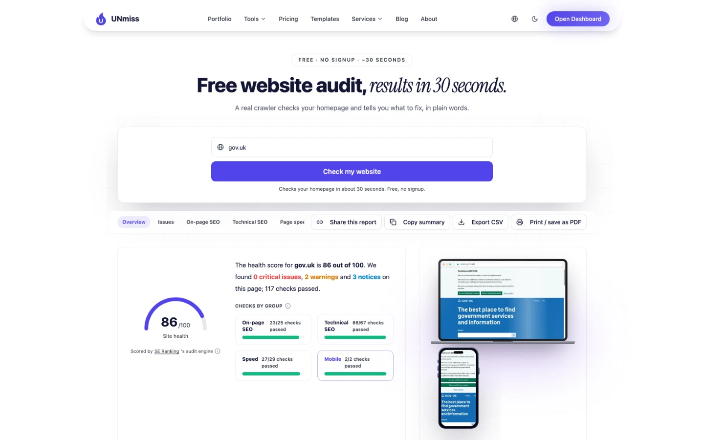 Аудит сайта seotools.pro для gov.uk: 86 из 100 по здоровью сайта, 0 критических ошибок, 2 предупреждения, 3 замечания и 117 пройденных проверок.