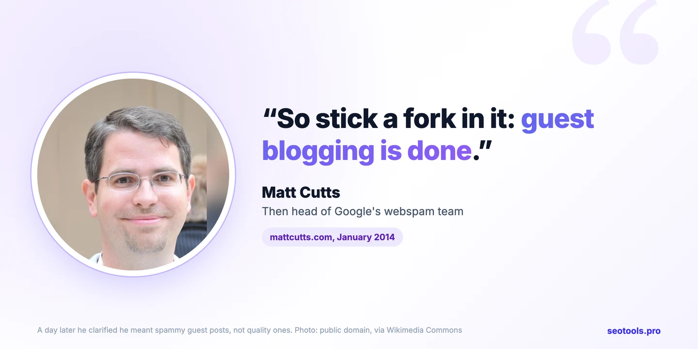 Картка з цитатою: Matt Cutts, тодішній керівник команди Google з боротьби з вебспамом: «Отже, ставимо хрест: гостьовий блогінг закінчився». mattcutts.com, січень 2014 року.