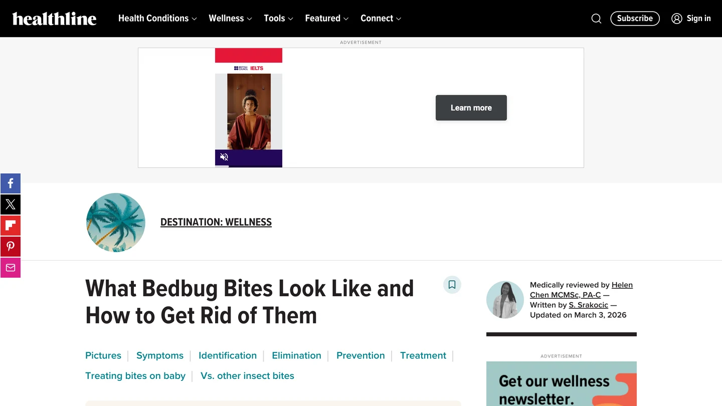 Статья Healthline What Bedbug Bites Look Like and How to Get Rid of Them со ссылками на разделы о фото, симптомах, распознавании, уничтожении клопов, профилактике и лечении и с подписью Medically reviewed by Helen Chen MCMSc, PA-C, written by S. Srakocic, updated on March 3, 2026.