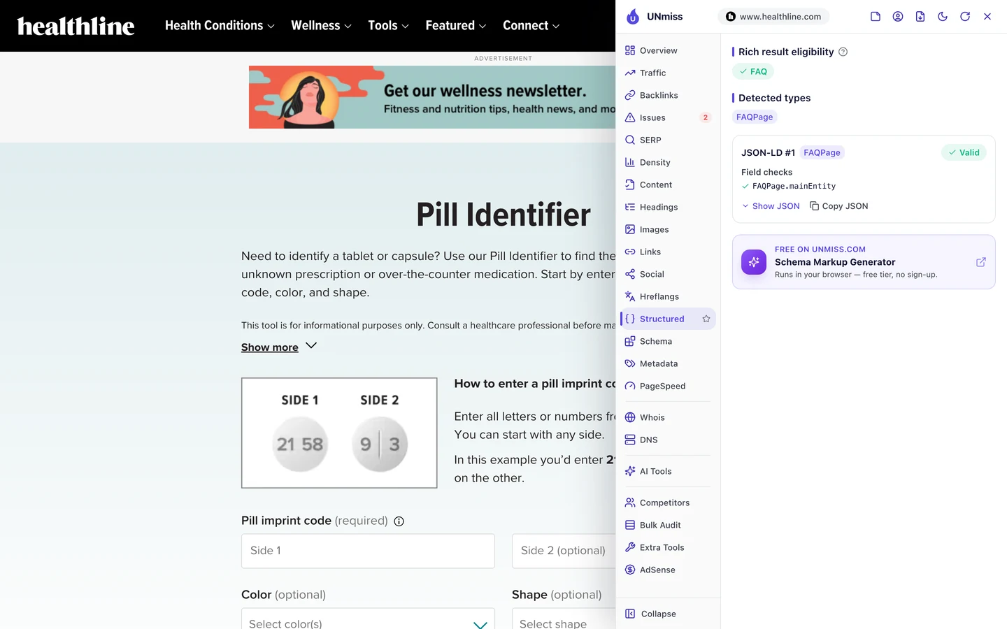 Вкладка Structured в расширении UNmiss для браузера на странице определителя таблеток Healthline: страница подходит для расширенного результата FAQ, а блок JSON-LD с типом FAQPage корректен.