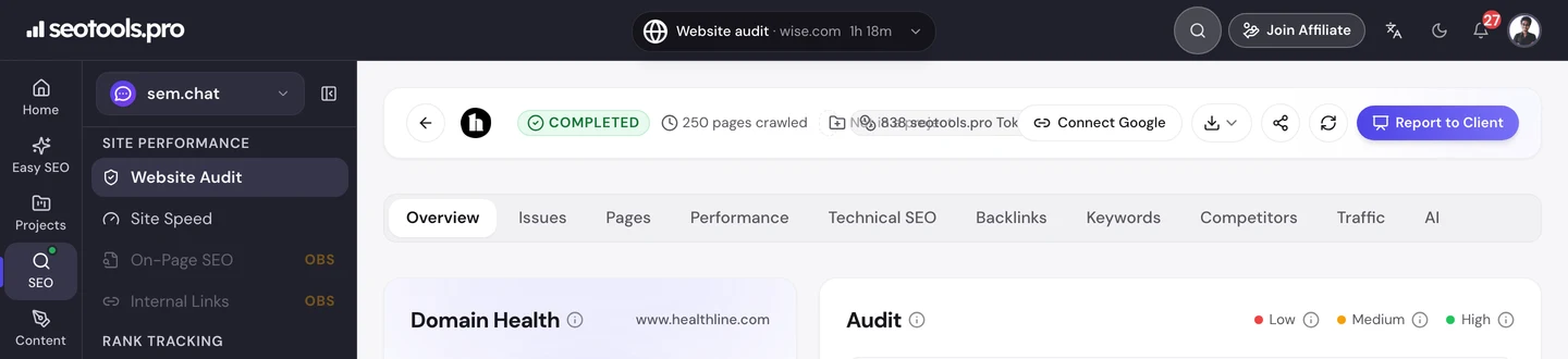 seotools.pro Website Audit по www.healthline.com, сентябрь 2026 года: обойдено 250 страниц, оценка здоровья домена 58 с пометкой «удовлетворительно», 573 критические ошибки, 555 предупреждений и 1184 уведомления.