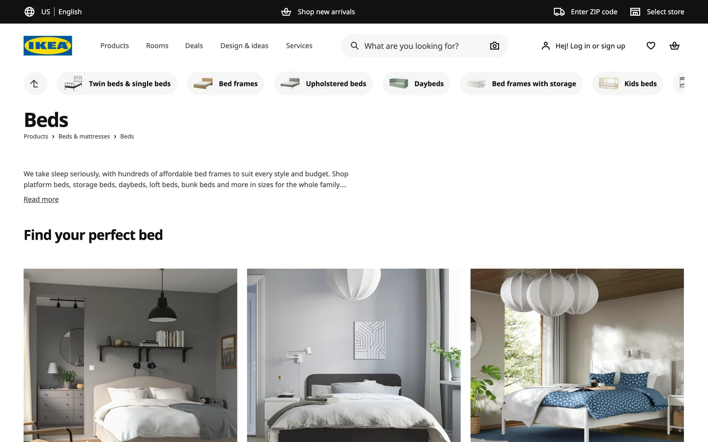 IKEA US beds category page with a US English switch at the top left, Enter ZIP code and Select store links, quick links for twin beds and single beds, bed frames, upholstered beds, daybeds, bed frames with storage and kids beds, the heading Beds, a breadcrumb of Products, Beds & mattresses, Beds, an intro that says IKEA takes sleep seriously, with hundreds of affordable bed frames, and a Find your perfect bed section with bedroom photos.