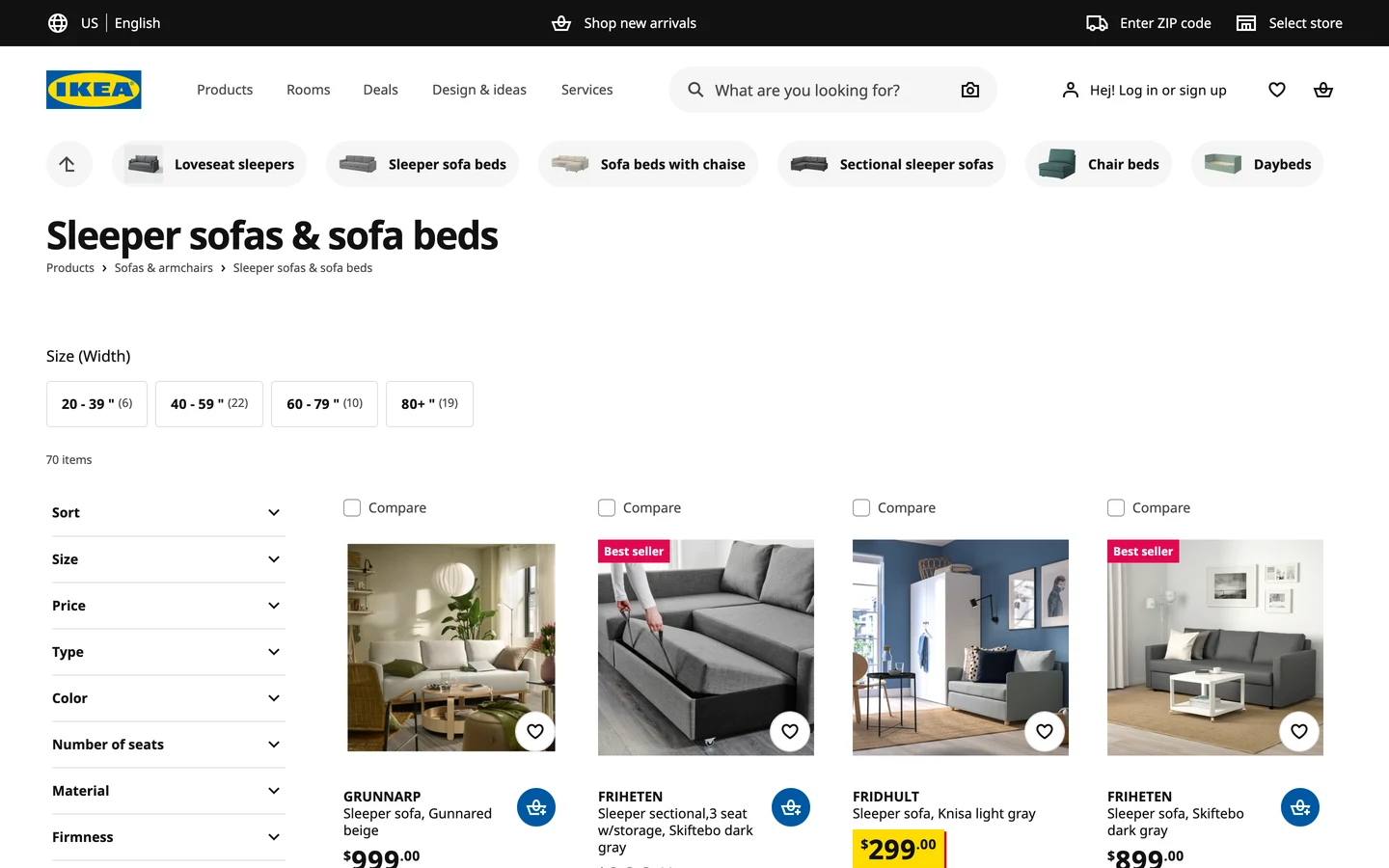 IKEA US sleeper sofas and sofa beds category page with a US English switch at the top, quick links for loveseat sleepers, sleeper sofa beds, sofa beds with chaise, sectional sleeper sofas, chair beds and daybeds, the heading Sleeper sofas & sofa beds, a breadcrumb of Products, Sofas & armchairs, Sleeper sofas & sofa beds, width filters of 20 to 39 inches (6), 40 to 59 (22), 60 to 79 (10) and 80+ (19), 70 items, filters for sort, size, price, type, color, number of seats, material and firmness, and products such as the GRUNNARP sleeper sofa at $999, the FRIHETEN sleeper sectional, the FRIDHULT sleeper sofa at $299 and the FRIHETEN sleeper sofa at $899.