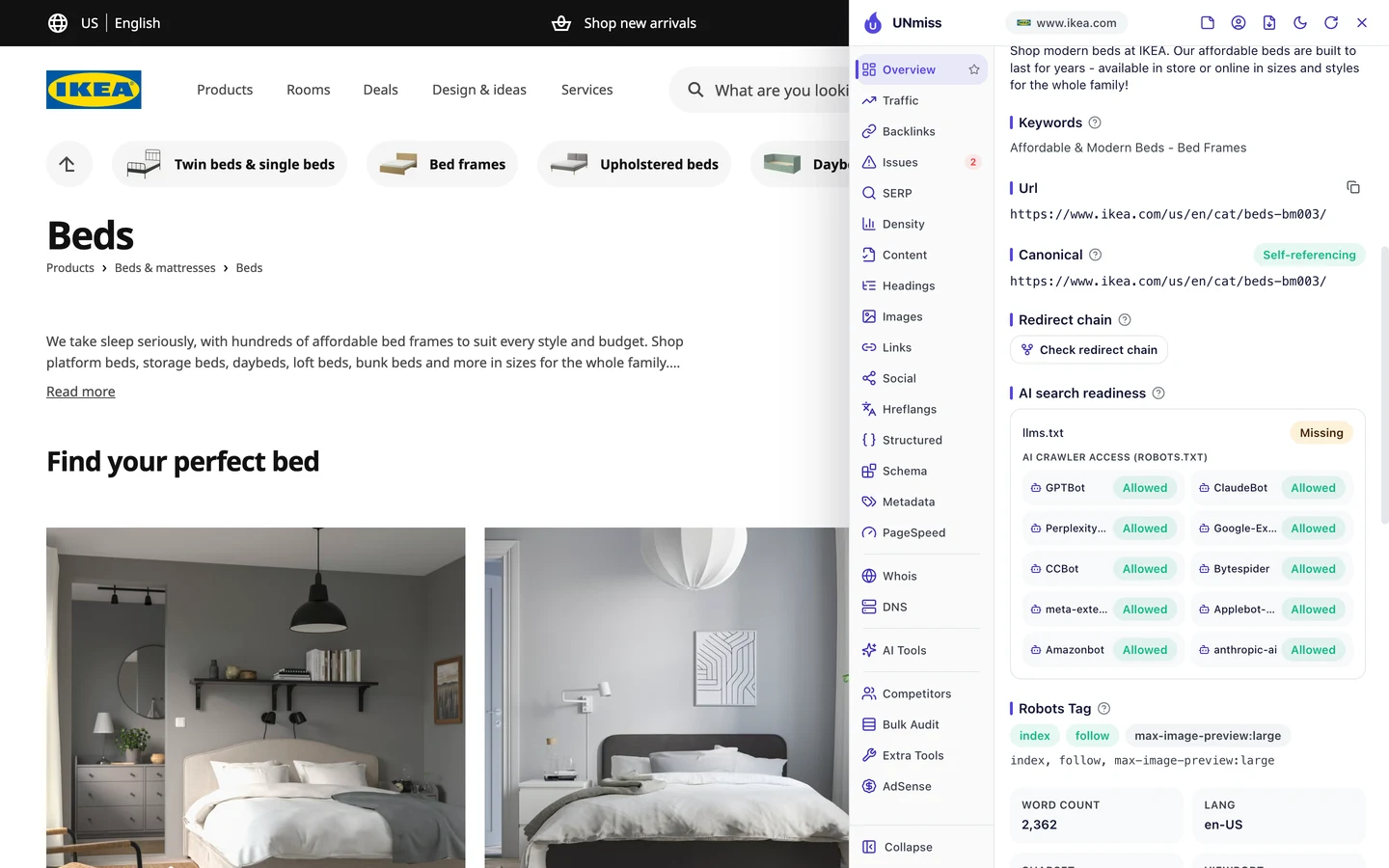 The seotools.pro browser extension Overview tab on the IKEA US beds category page, scrolled to AI search readiness: llms.txt missing, and AI crawler access from robots.txt with GPTBot, ClaudeBot, PerplexityBot, Google-Extended, CCBot, Bytespider, meta-externalagent, Applebot-Extended, Amazonbot and anthropic-ai all allowed, a canonical marked self-referencing, a robots tag of index, follow, max-image-preview:large, a word count of 2,362 and a page language of en-US.