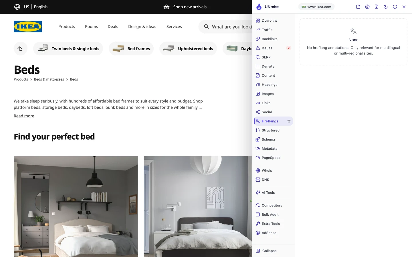 The seotools.pro browser extension Hreflangs tab on the IKEA US beds category page: None. No hreflang annotations. Only relevant for multilingual or multi-regional sites.