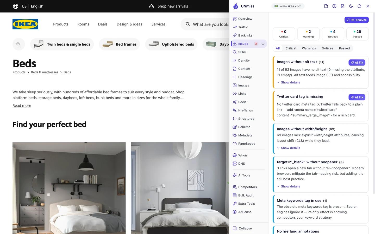 The seotools.pro browser extension Issues tab on the IKEA US beds category page: 0 critical, 2 warnings, 4 notices and 29 passed, listing images without alt text (11), with 11 of 92 images having empty alt text, Twitter card tag is missing, images without width/height (69), target blank links without noopener (3), meta keywords tag in use (1) and No hreflang annotations at the bottom.