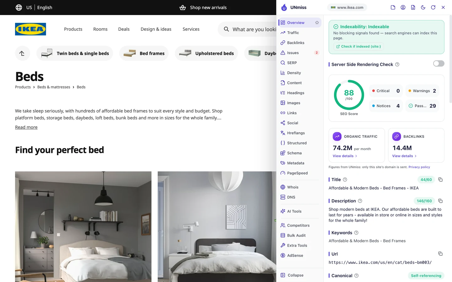 The seotools.pro browser extension Overview tab on the IKEA US beds category page: indexable, an SEO score of 88 out of 100 with 0 critical issues, 2 warnings, 4 notices and 29 passed checks, organic traffic of 74.2M per month and 14.4M backlinks, a title of 44 of 60 characters, Affordable & Modern Beds - Bed Frames - IKEA, a description of 146 of 160 characters, Shop modern beds at IKEA. Our affordable beds are built to last for years - available in store or online in sizes and styles for the whole family!, keywords of Affordable & Modern Beds - Bed Frames, the URL https://www.ikea.com/us/en/cat/beds-bm003/ and a canonical marked self-referencing.