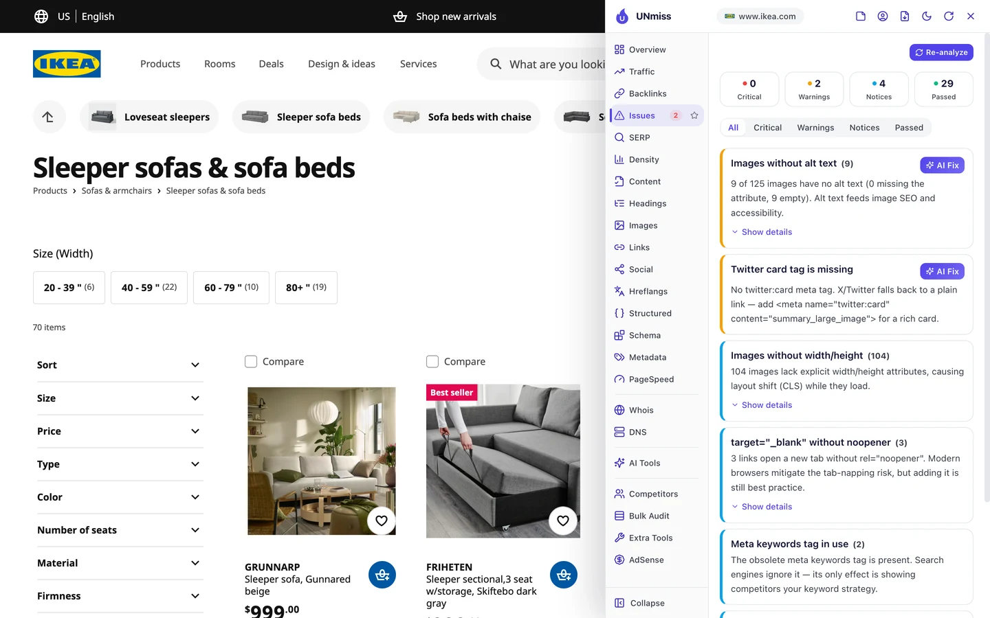 The seotools.pro browser extension Issues tab on the IKEA US sleeper sofas page: 0 critical, 2 warnings, 4 notices and 29 passed, listing images without alt text (9), with 9 of 125 images having empty alt text, Twitter card tag is missing, images without width/height (104), target blank links without noopener (3) and meta keywords tag in use (2).