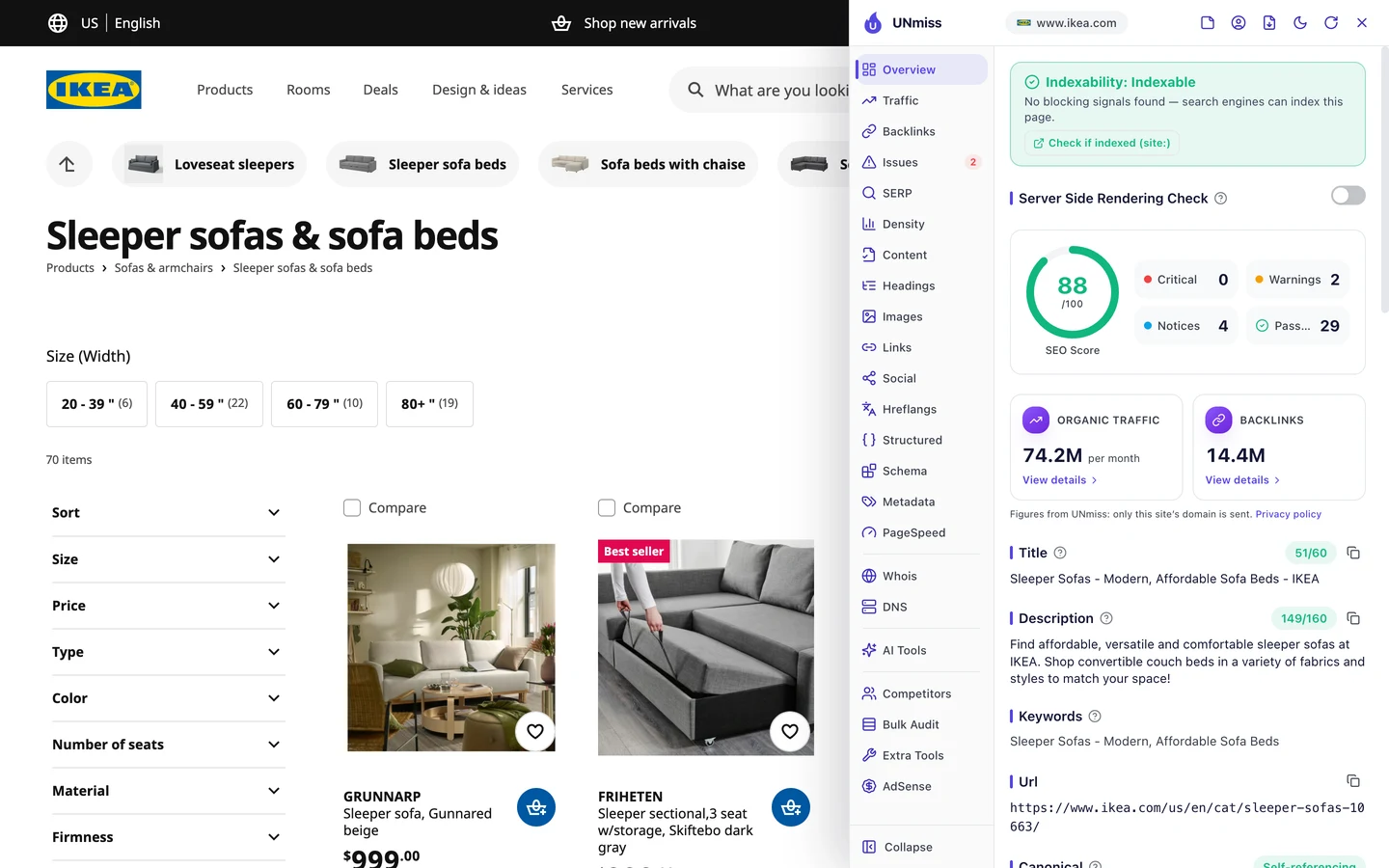 The seotools.pro browser extension Overview tab on the IKEA US sleeper sofas page: indexable, an SEO score of 88 out of 100 with 0 critical issues, 2 warnings, 4 notices and 29 passed checks, organic traffic of 74.2M per month and 14.4M backlinks, a title of 51 of 60 characters, Sleeper Sofas - Modern, Affordable Sofa Beds - IKEA, a description of 149 of 160 characters, Find affordable, versatile and comfortable sleeper sofas at IKEA. Shop convertible couch beds in a variety of fabrics and styles to match your space!, keywords of Sleeper Sofas - Modern, Affordable Sofa Beds, and the URL https://www.ikea.com/us/en/cat/sleeper-sofas-10663/.
