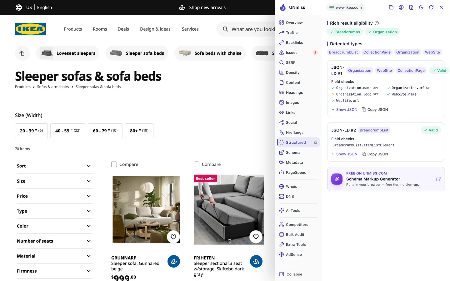 The seotools.pro browser extension Structured tab on the IKEA US sleeper sofas page: rich result eligibility for breadcrumbs and organization, detected types BreadcrumbList, CollectionPage, Organization and WebSite, JSON-LD #1 with Organization, WebSite and CollectionPage marked valid and the optional Organization.logo missing, and JSON-LD #2 with BreadcrumbList marked valid.