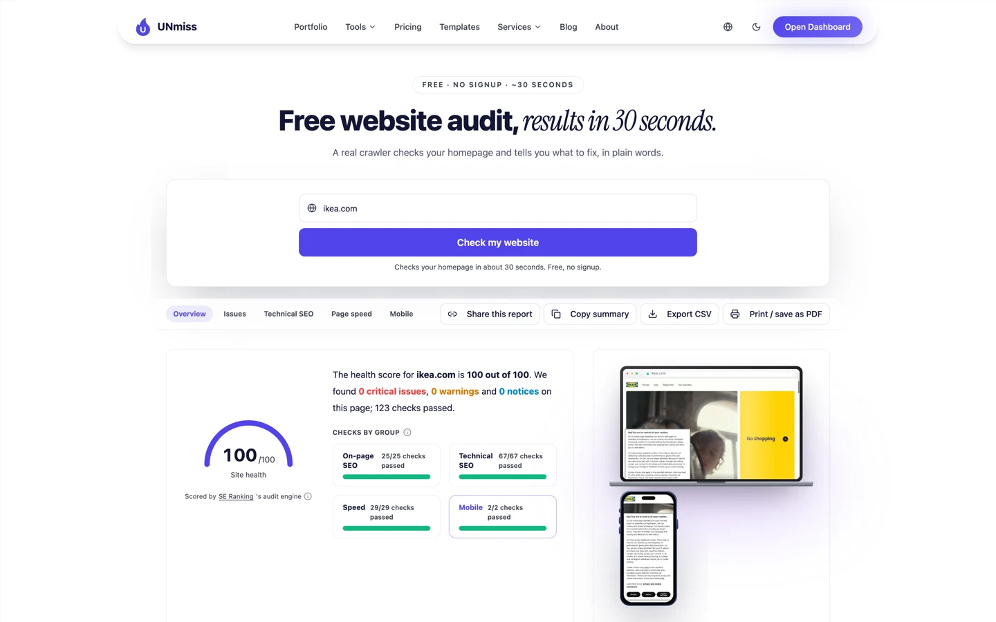 Аудит сайта seotools.pro для ikea.com с идеальным здоровьем сайта 100 из 100: 0 критических проблем, 0 предупреждений, 0 замечаний и 123 пройденные проверки.