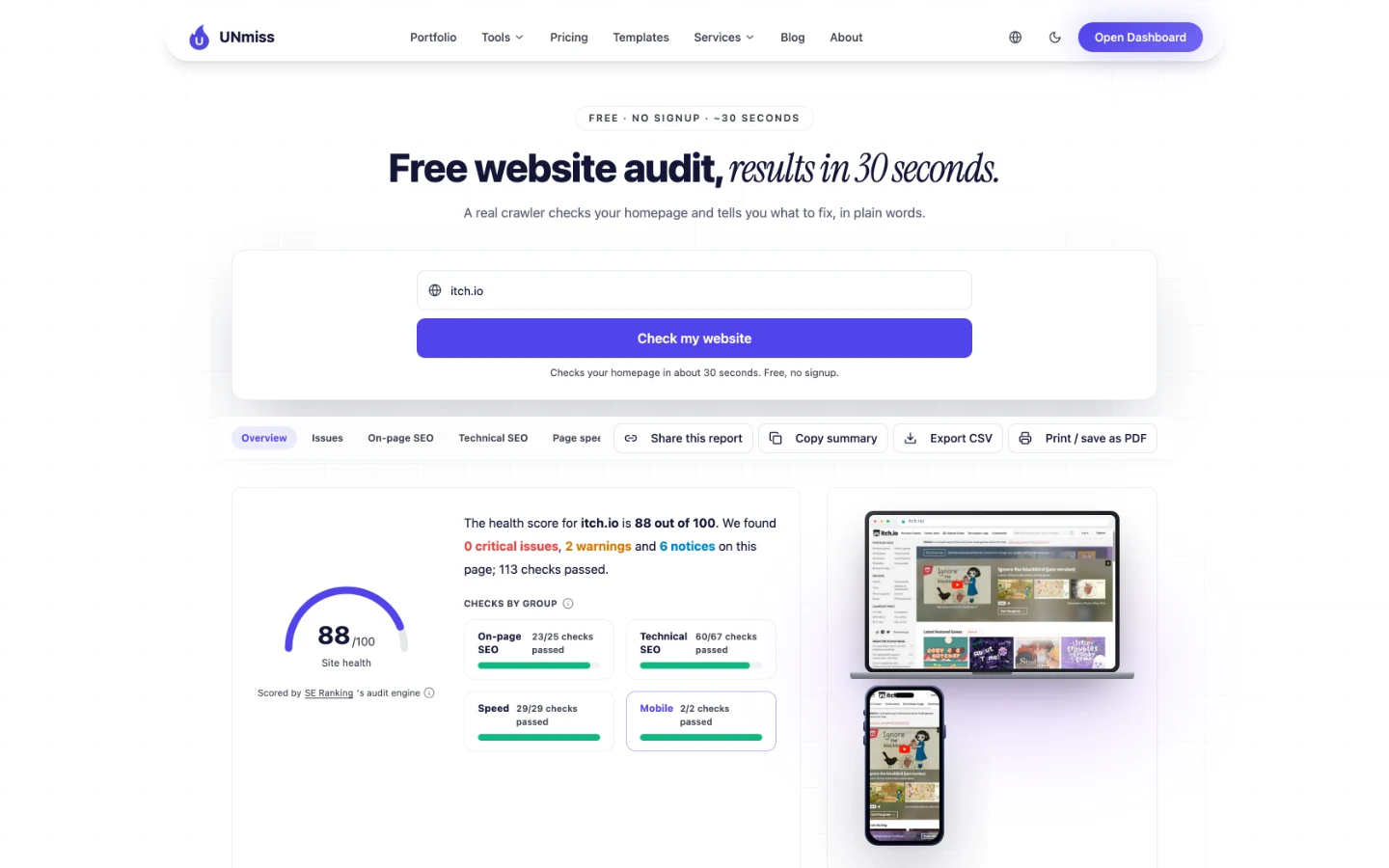 seotools.pro Website Audit для itch.io: здоровье сайта 88 из 100, 0 критических проблем, 2 предупреждения, 6 замечаний и 113 пройденных проверок.