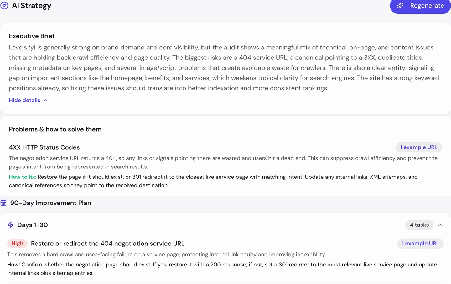 seotools.pro Website Audit AI tab for www.levels.fyi: an executive brief saying Levels.fyi is strong on brand demand and core visibility but held back by a 404 service URL, a canonical pointing to a 3XX, duplicate titles, missing metadata and image and script problems, a 4XX HTTP status codes problem about the negotiation service URL with how to fix it, and a 90-day improvement plan whose first 30 days hold 4 tasks, starting with a high-priority task to restore or redirect the 404 negotiation service URL.