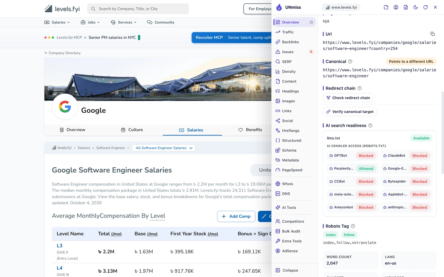 The seotools.pro browser extension on the Levels.fyi Google page showing the URL https://www.levels.fyi/companies/google/salaries/software-engineer, a canonical that points to a different URL without the country code, and AI search readiness: llms.txt available, and AI crawler access from robots.txt with GPTBot, ClaudeBot, Google-Extended, CCBot, Bytespider, meta-externalagent, Applebot-Extended, Amazonbot and anthropic-ai blocked and only PerplexityBot allowed, with a robots tag of index, follow, notranslate.