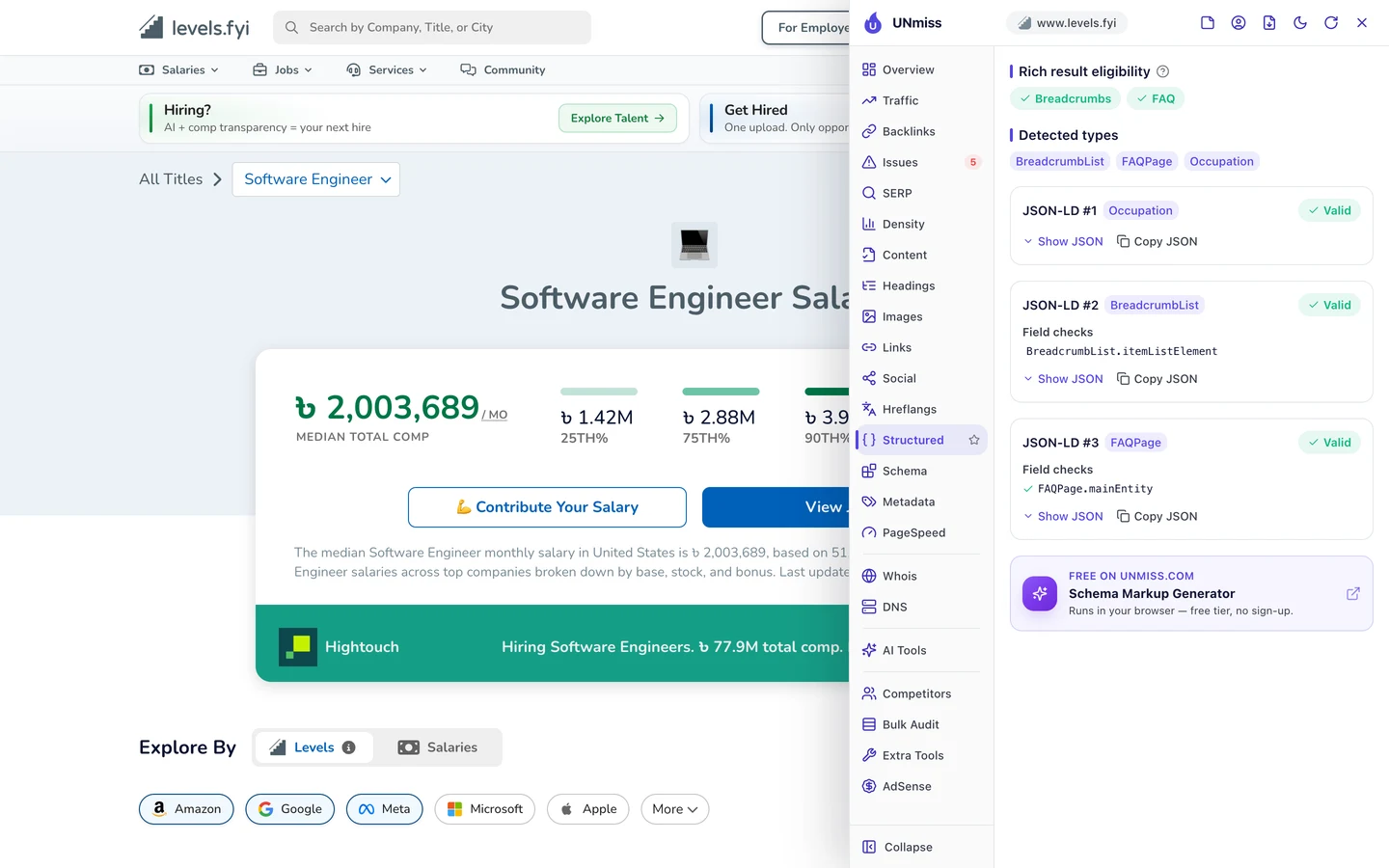 The seotools.pro browser extension Structured tab on the Levels.fyi Software Engineer Salary page: eligible for Breadcrumbs and FAQ rich results, with 3 valid JSON-LD blocks: Occupation, BreadcrumbList and FAQPage.