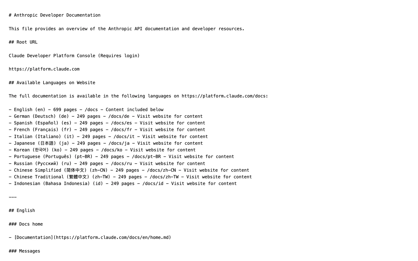 Файл llms.txt, який віддає docs.anthropic.com, довгий markdown-покажчик сторінок документації з однорядковими описами.