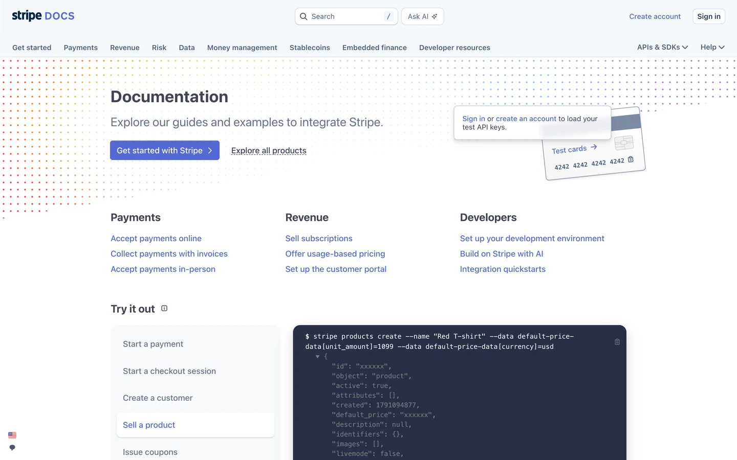 Stripe Docs homepage at docs.stripe.com: the heading Documentation, the line Explore our guides and examples to integrate Stripe, a Get started with Stripe button, link groups for Payments, Revenue and Developers, and a Try it out panel with a stripe products create command.