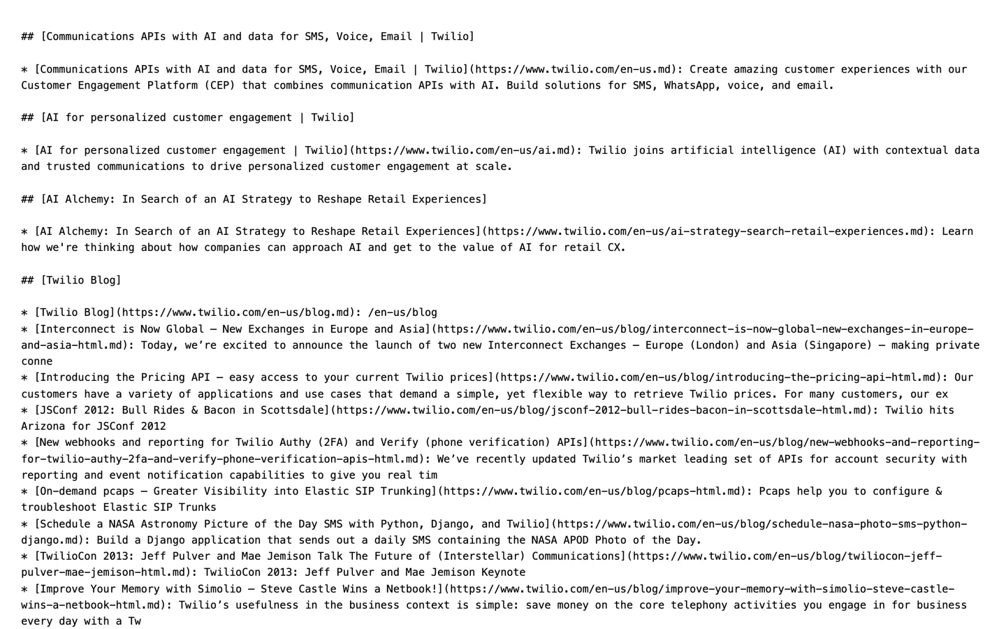 Початок twilio.com/llms.txt, markdown-файл на 2,3 мегабайта, серед записів якого є пости блогу від 2012 і 2013 років.