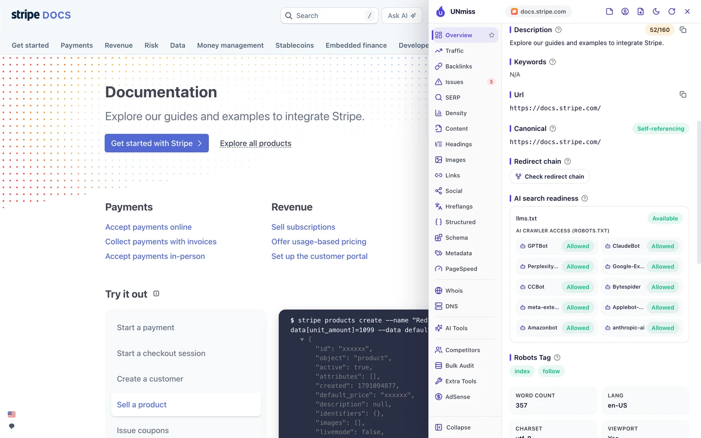 The seotools.pro browser extension on docs.stripe.com: a description of 52 of 160 characters, a self-referencing canonical, and an AI search readiness box with llms.txt Available and AI crawler access from robots.txt showing GPTBot, ClaudeBot, PerplexityBot, Google-Extended, CCBot, Bytespider, meta-externalagent, Applebot-Extended, Amazonbot and anthropic-ai all Allowed, plus a robots tag of index, follow and a word count of 357.