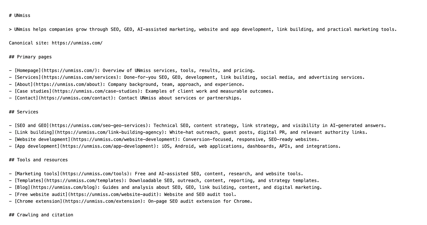 Файл llms.txt від seotools.pro: короткий markdown-покажчик із 16 посилань, згрупованих під кількома заголовками, 2162 байти загалом.