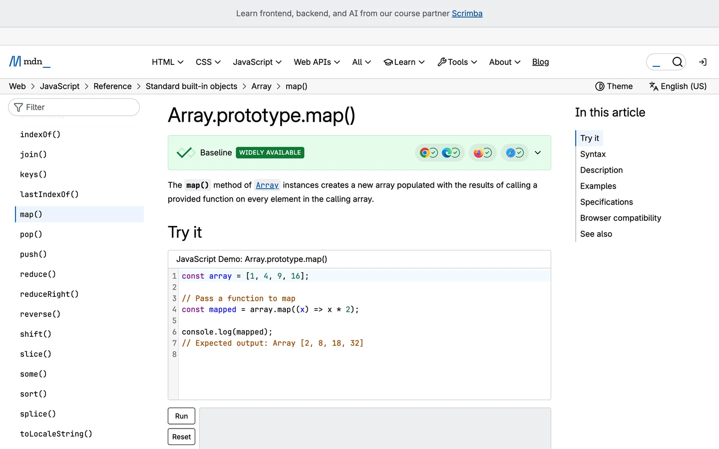 MDN page Array.prototype.map(), with a breadcrumb trail from Web to JavaScript, Reference, Standard built-in objects and Array, a Baseline Widely available badge, a one-sentence definition, a Try it section with a runnable code example, and an In this article list of Syntax, Description, Examples, Specifications, Browser compatibility and See also.