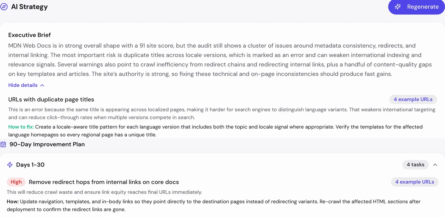 seotools.pro Website Audit AI tab for developer.mozilla.org: an executive brief on a 91 score with issues around metadata consistency, redirects and internal linking, a problem on duplicate page titles across localized pages with how to fix it, and a 90-day improvement plan whose first 30 days start with removing redirect hops from internal links on core docs.